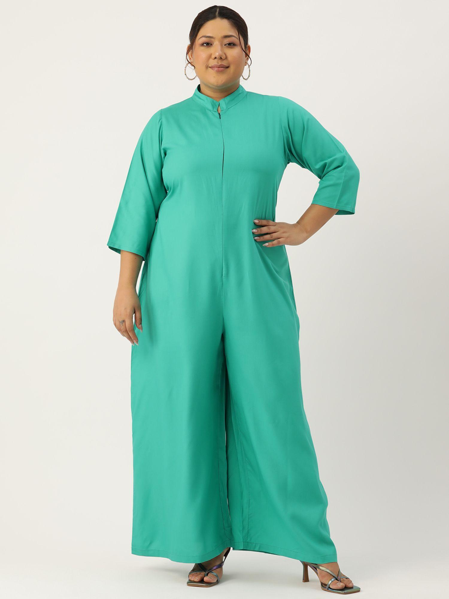 plus size womens turquoise solid color mandarin collar basic jumpsuit