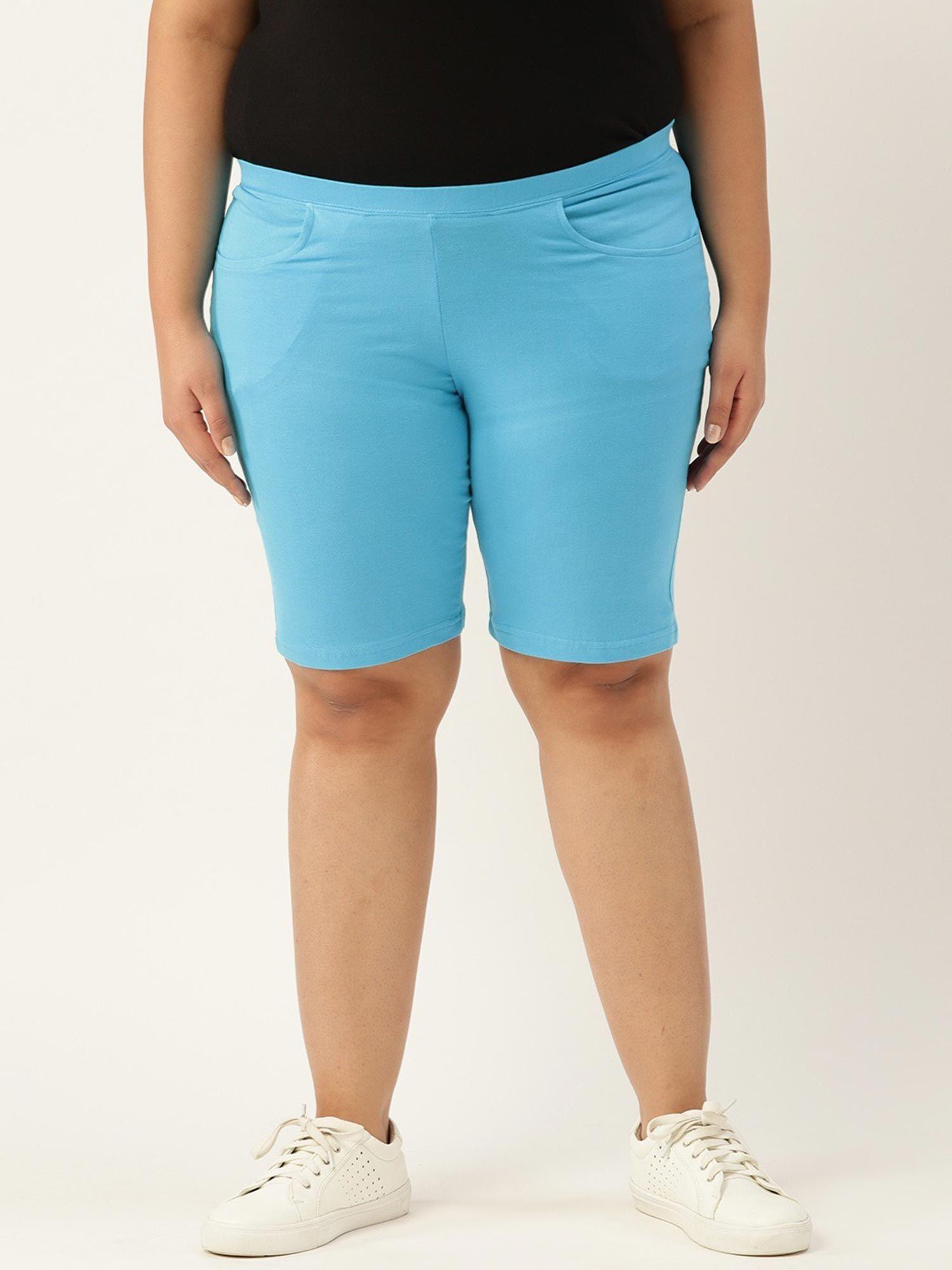 plus size womens turquoise solid cotton shorts