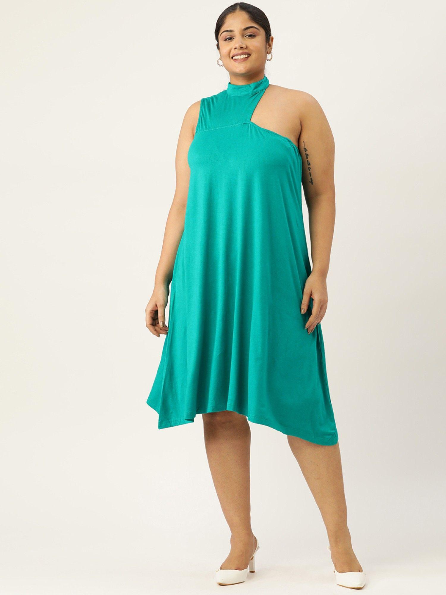 plus size womens turquoise solid high neck a-line midi dress