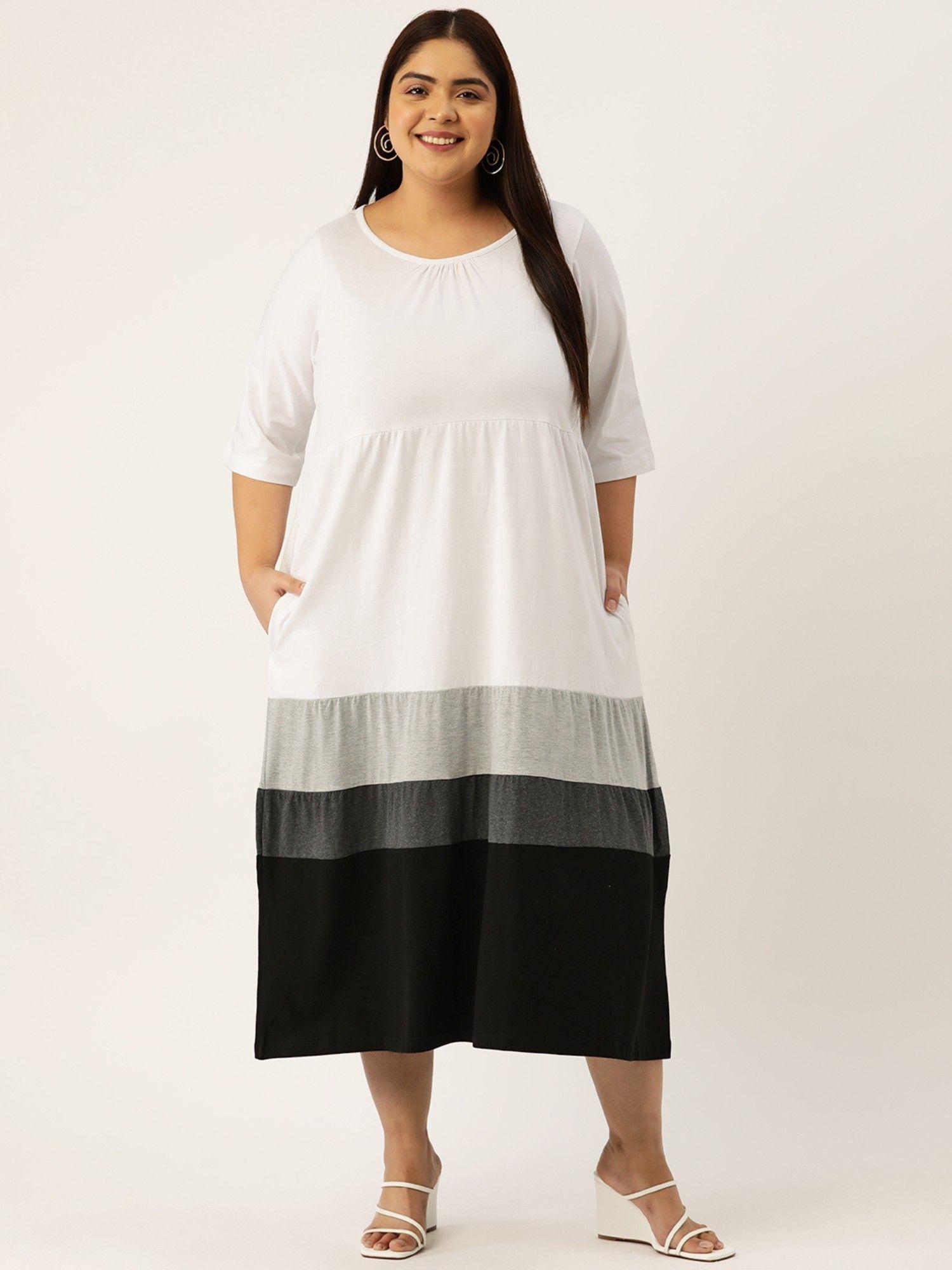 plus size womens white & black color block knitted midi dress