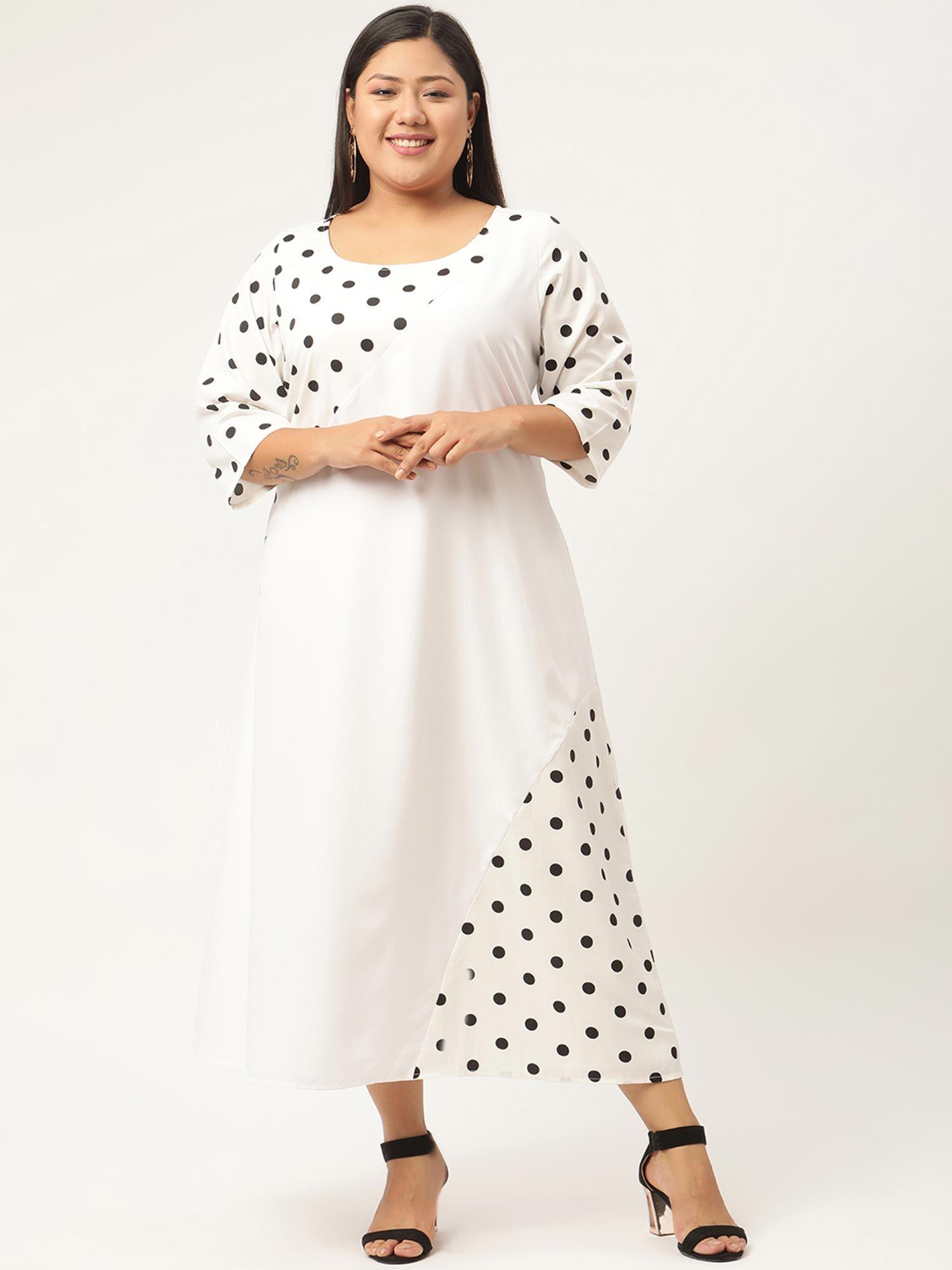 plus size womens white & black polka dot printed crepe a-line midi dress