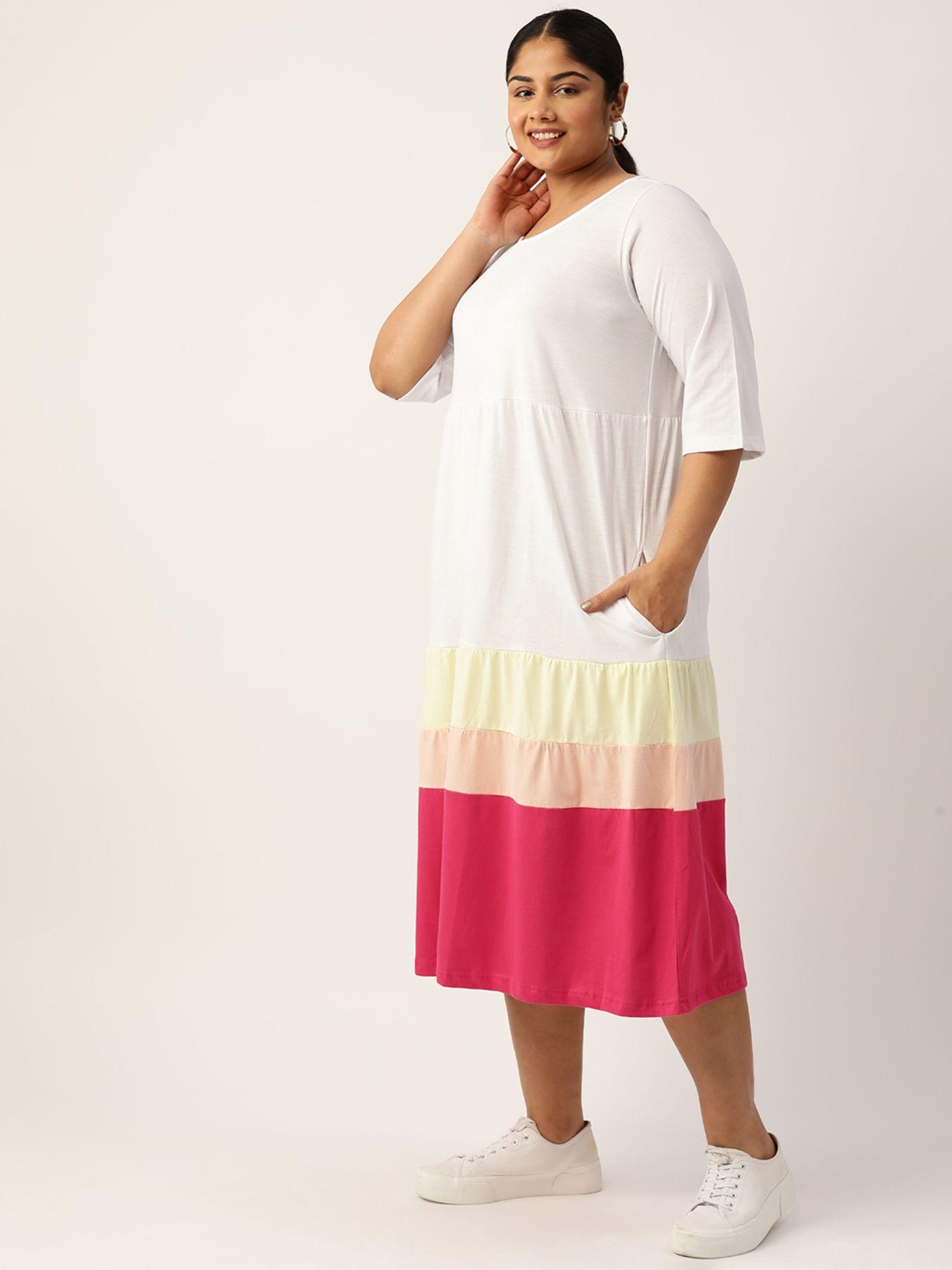 plus size womens white colourblocked a line midi cotton dress