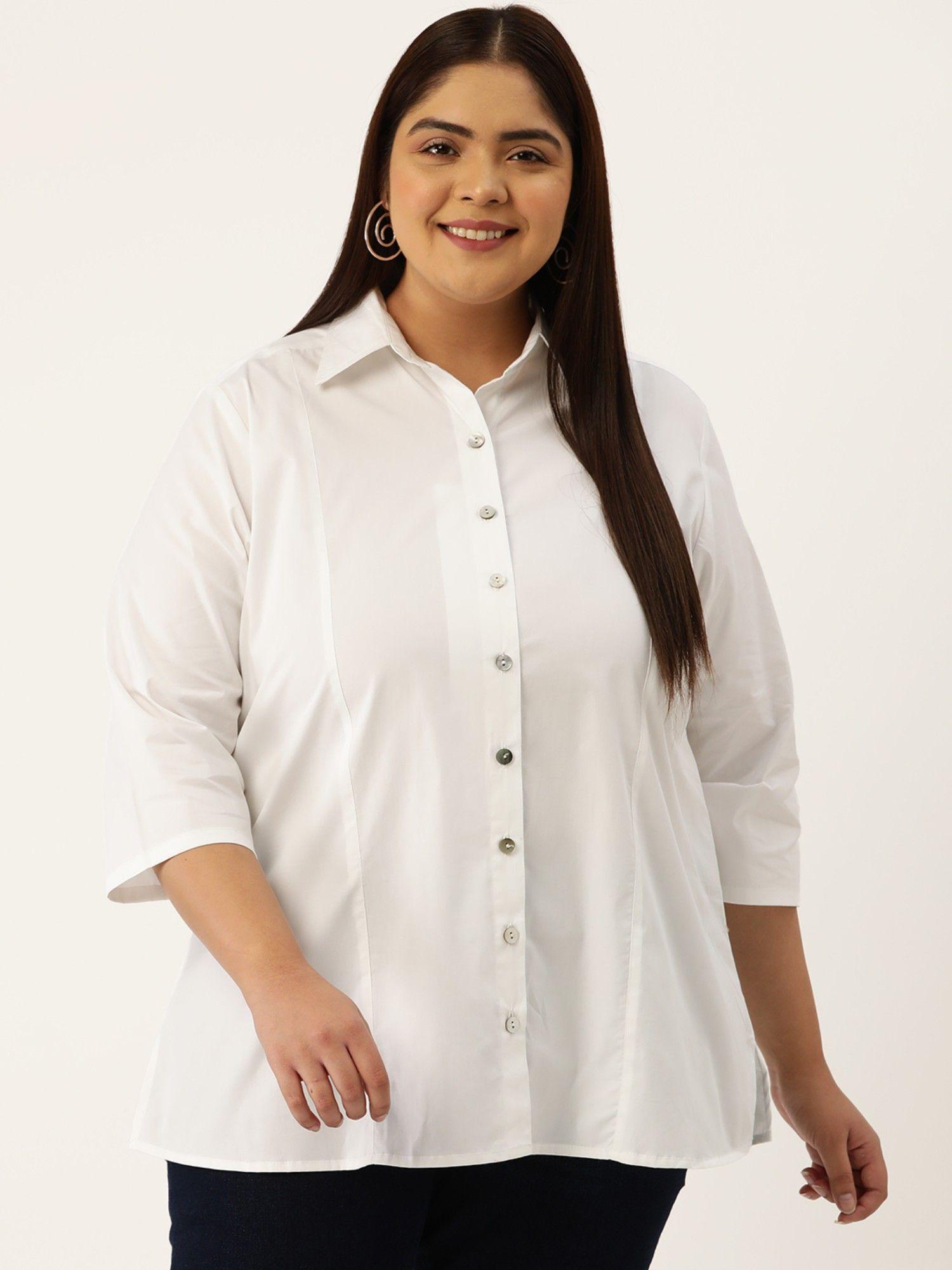 plus size womens white solid color button closure casual shirt