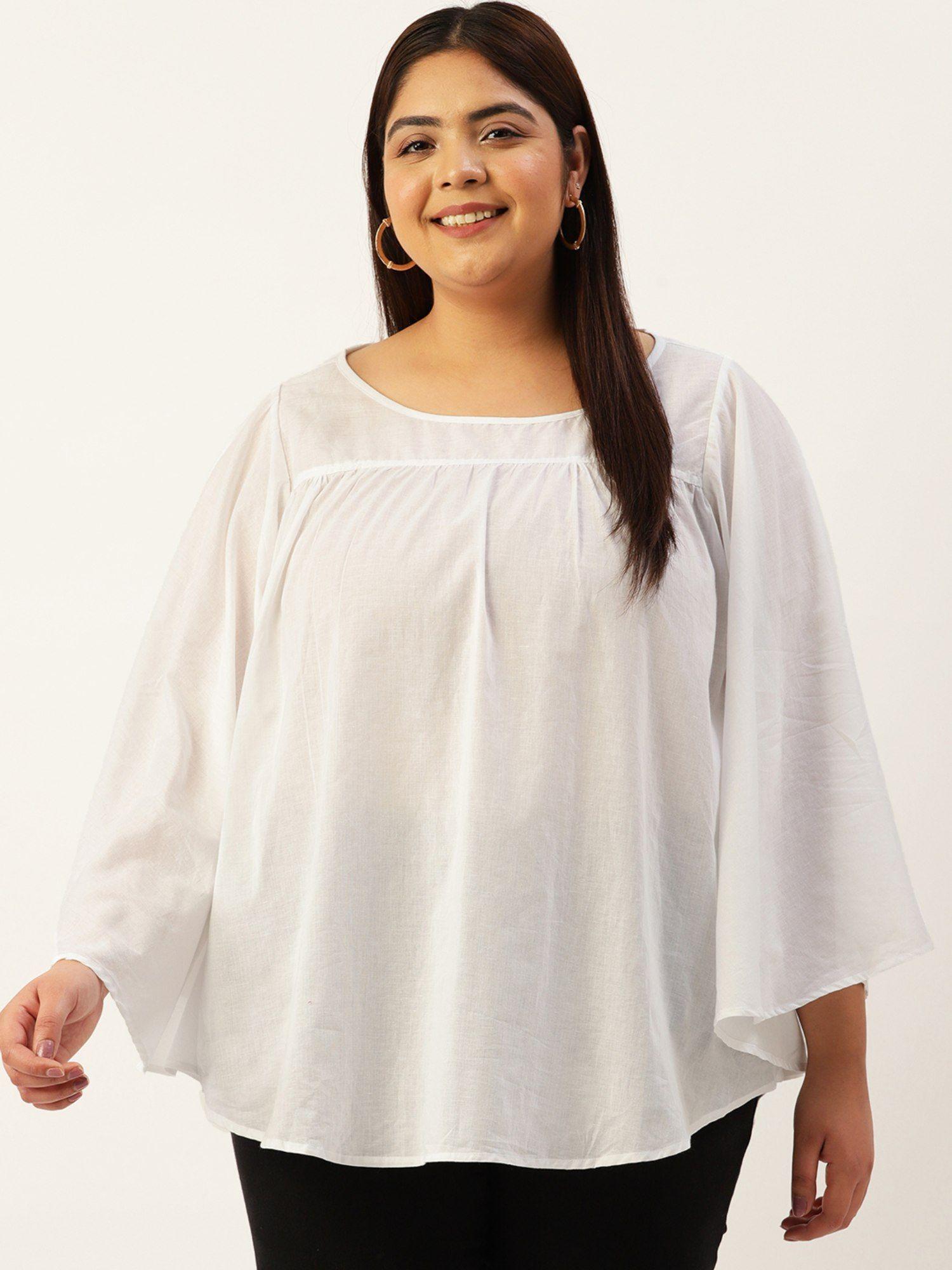 plus size womens white solid color flared sleeve cotton top