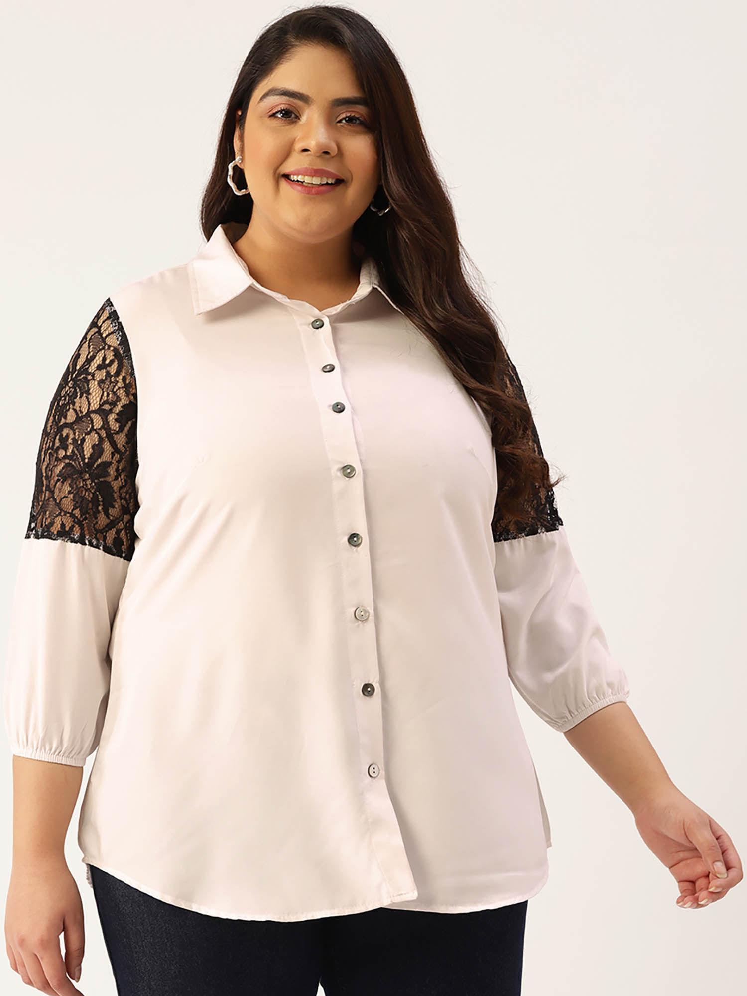 plus size womens white solid color lace detail shirt