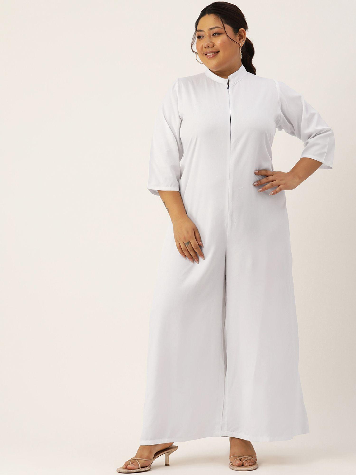 plus size womens white solid color mandarin collar basic jumpsuit