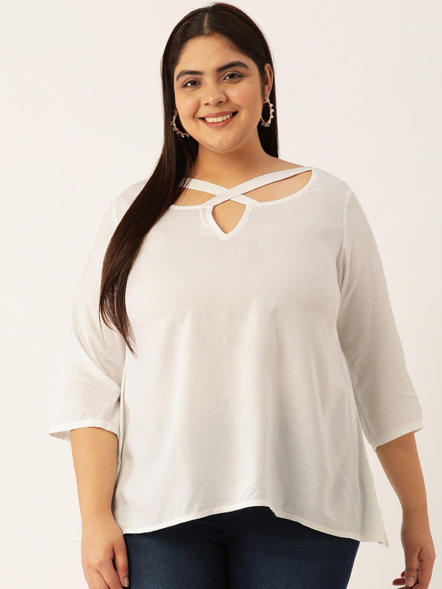 plus size womens white solid color neck cut out detail woven top