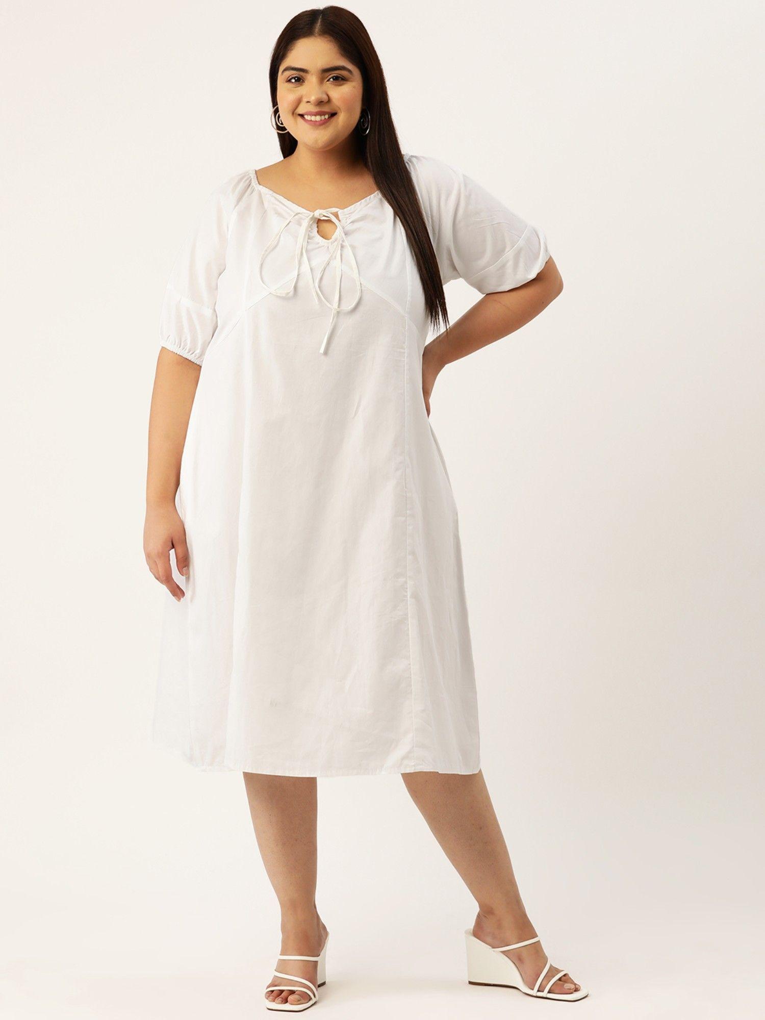 plus size womens white solid color neck tie-up cotton dress