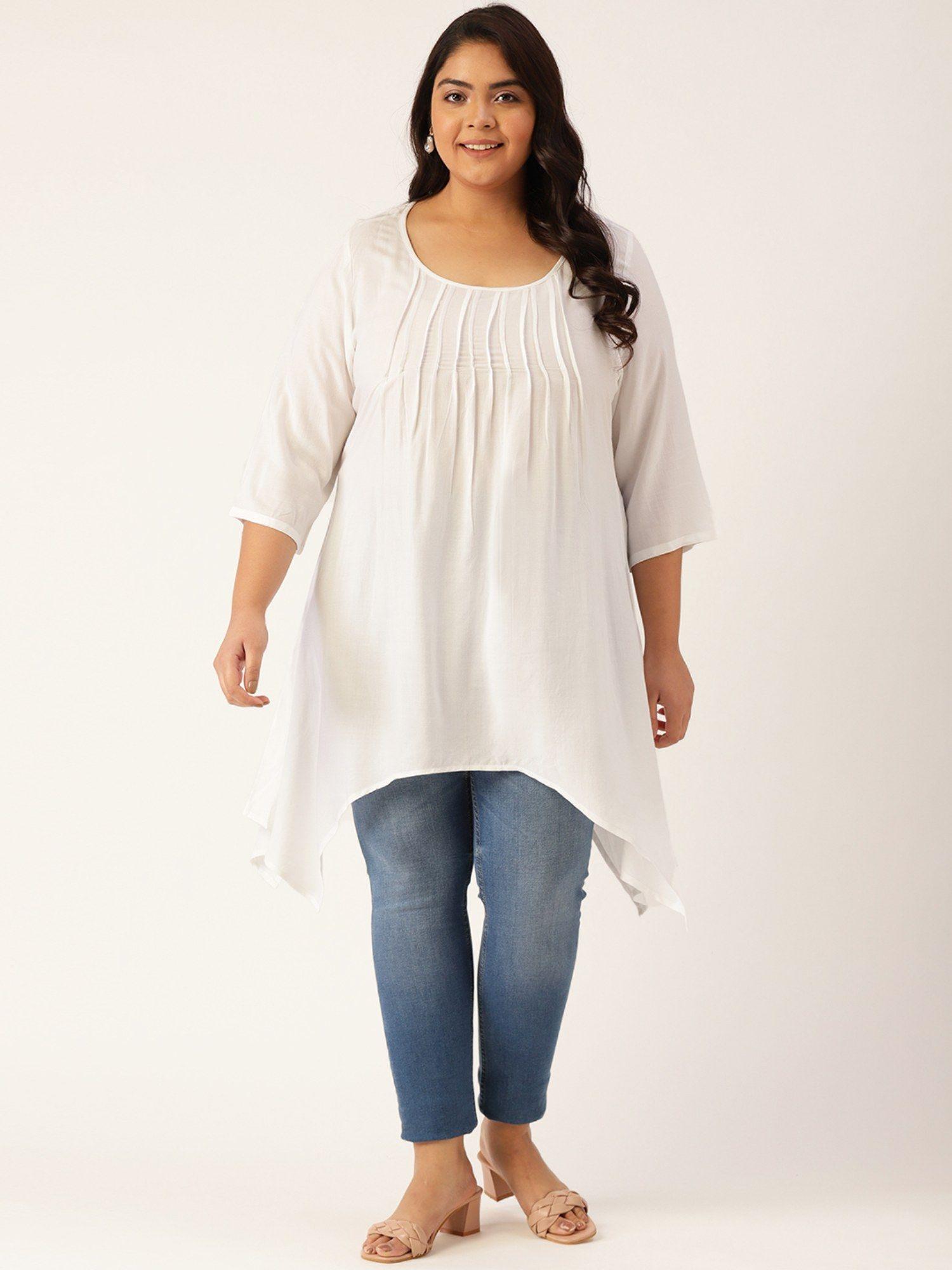 plus size womens white solid color pleated longline top