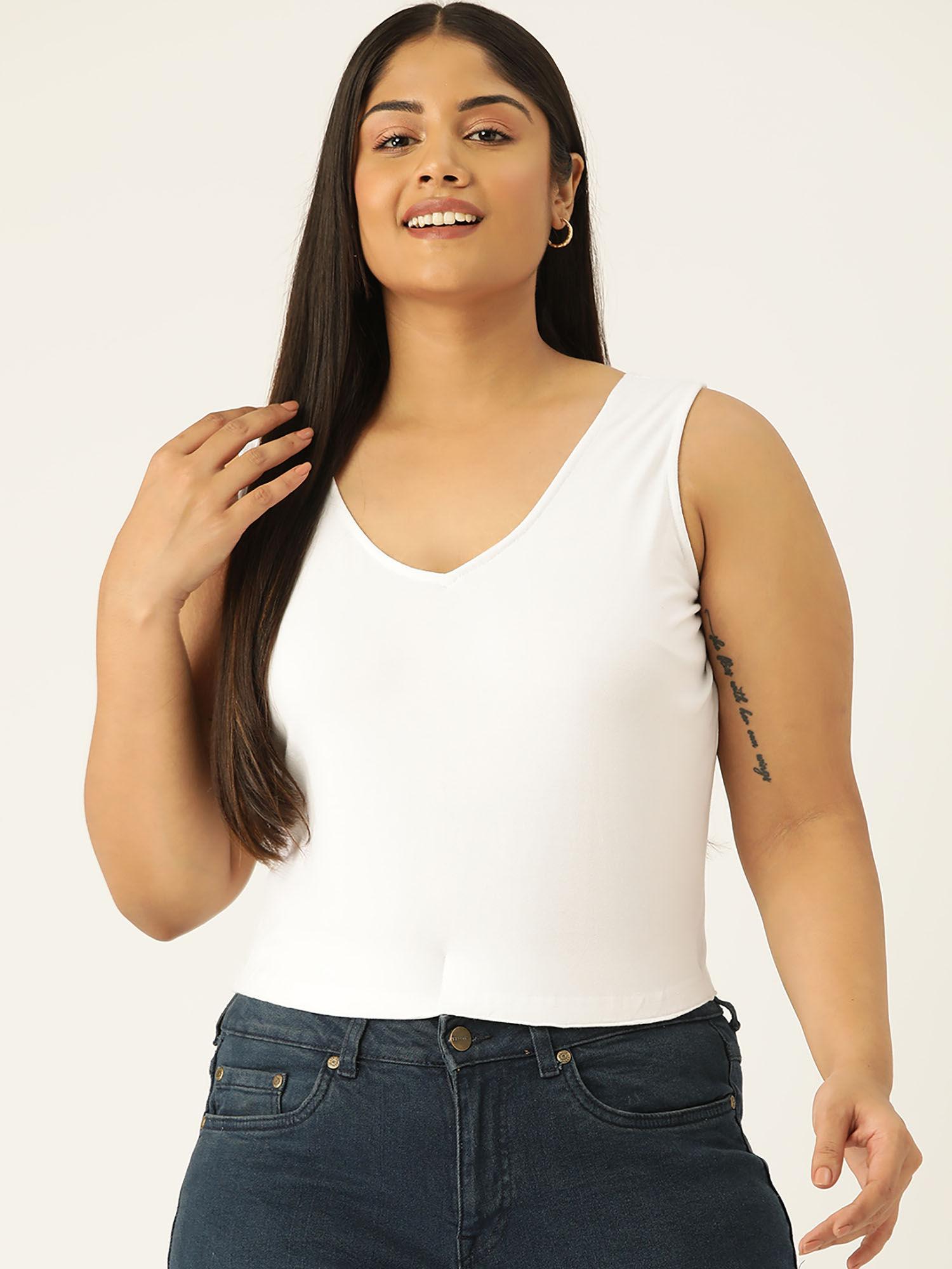 plus size womens white solid color sleeveless crop top