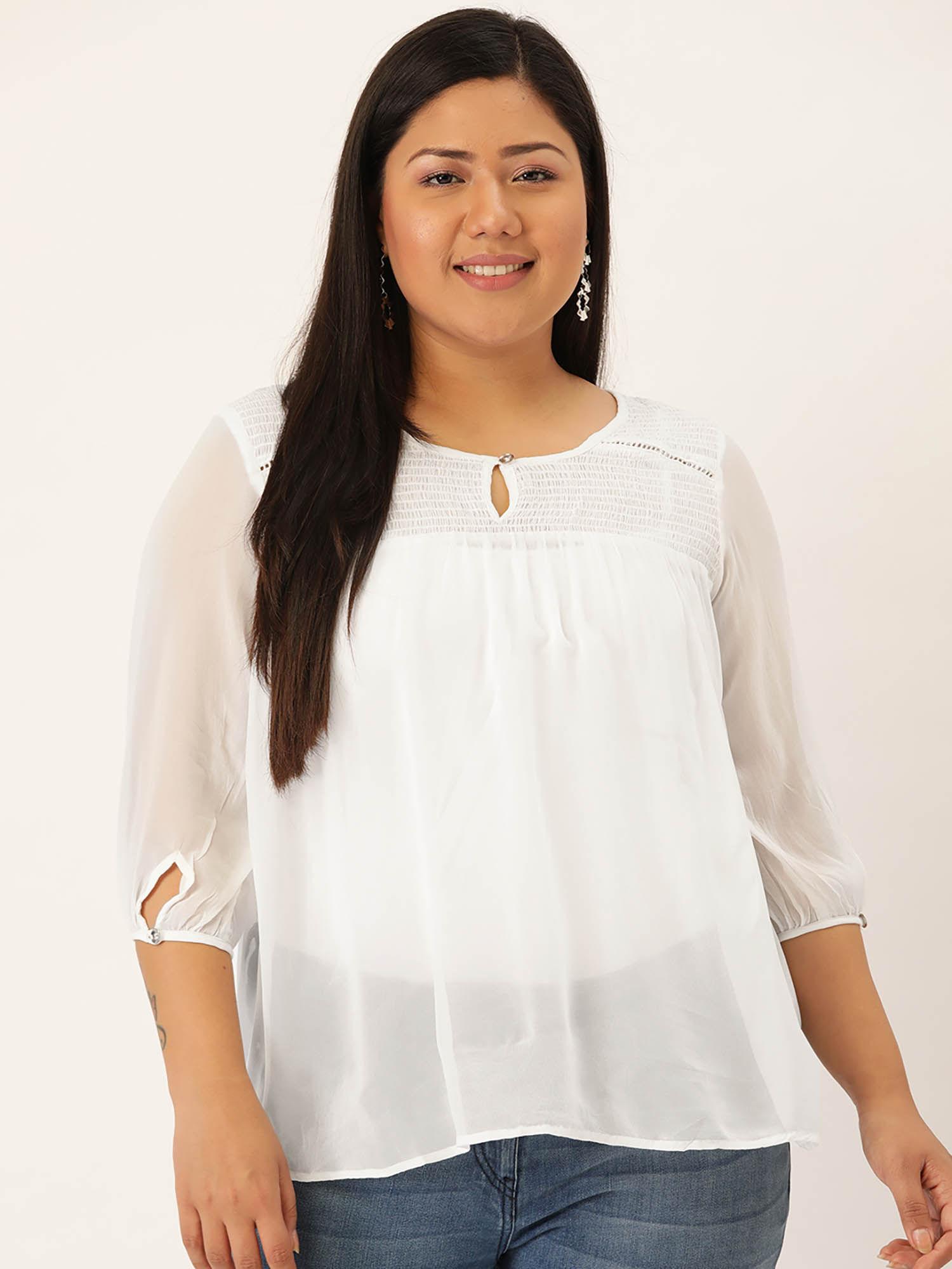 plus size womens white solid color smocked sheer top