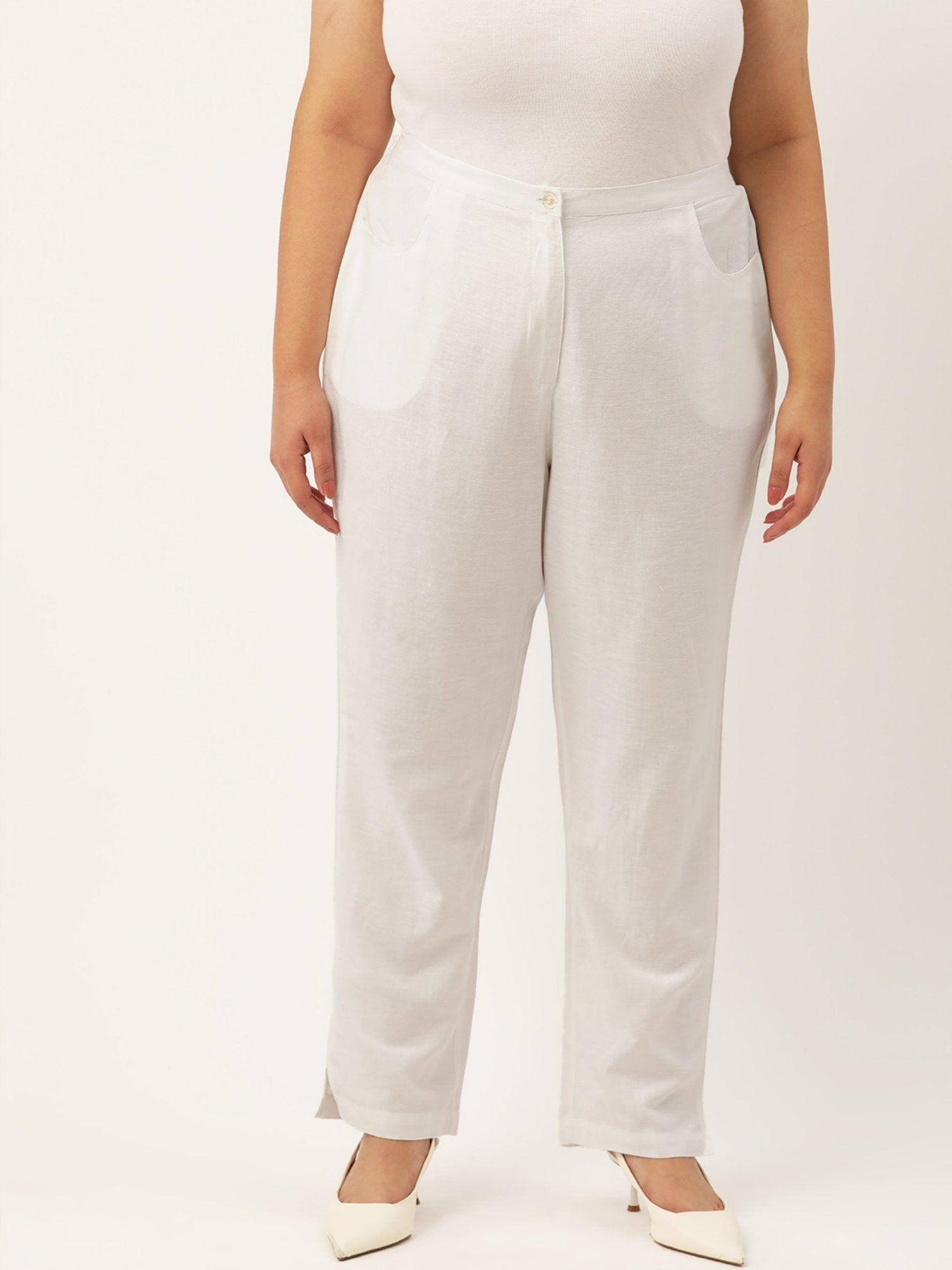 plus size womens white solid color tapered linen trousers