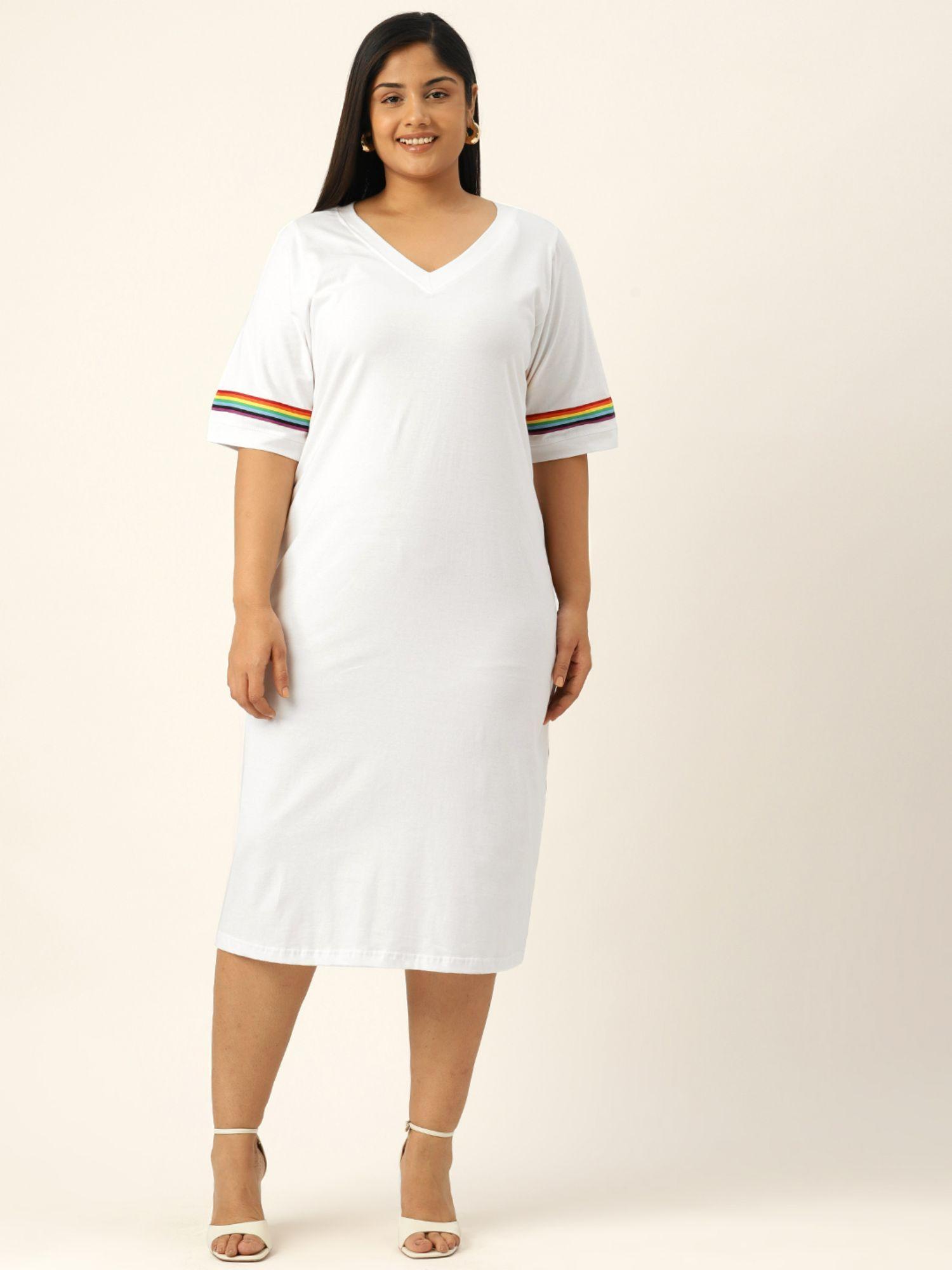 plus size womens white solid cotton knitted a-line dress