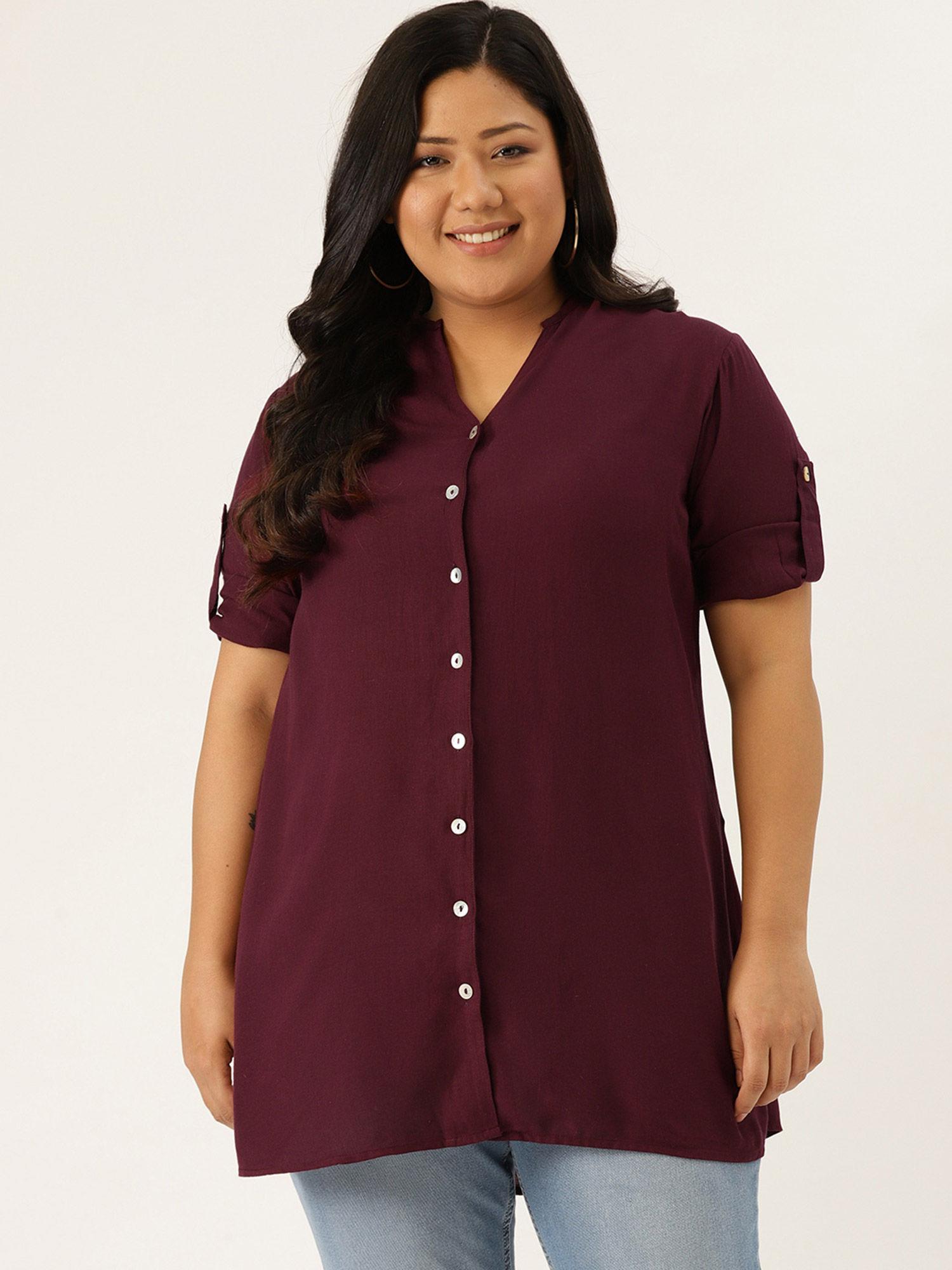 plus size womens wine solid colour longline casual shirt