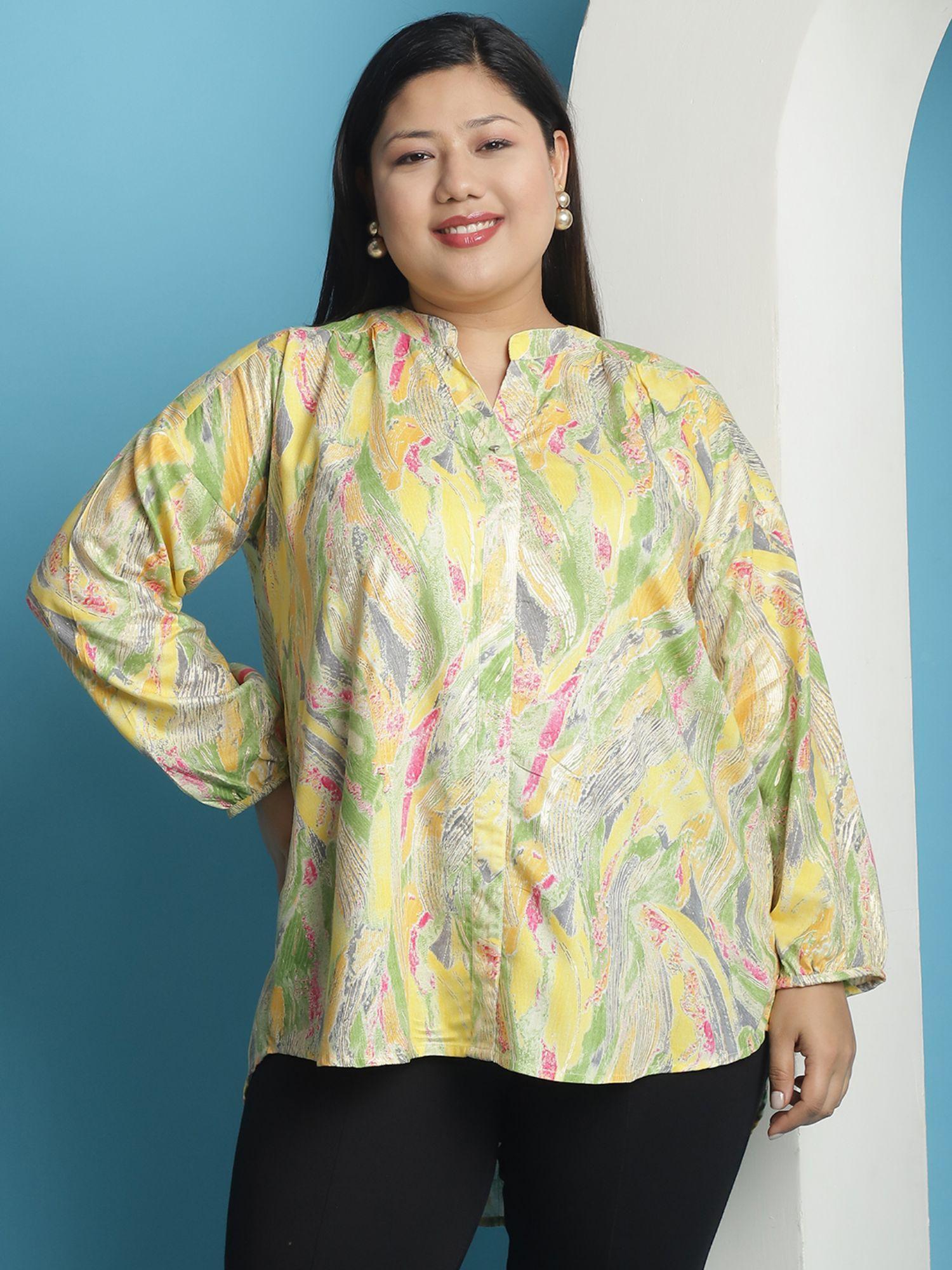 plus size womens yellow foil printed mandarin collar tunic