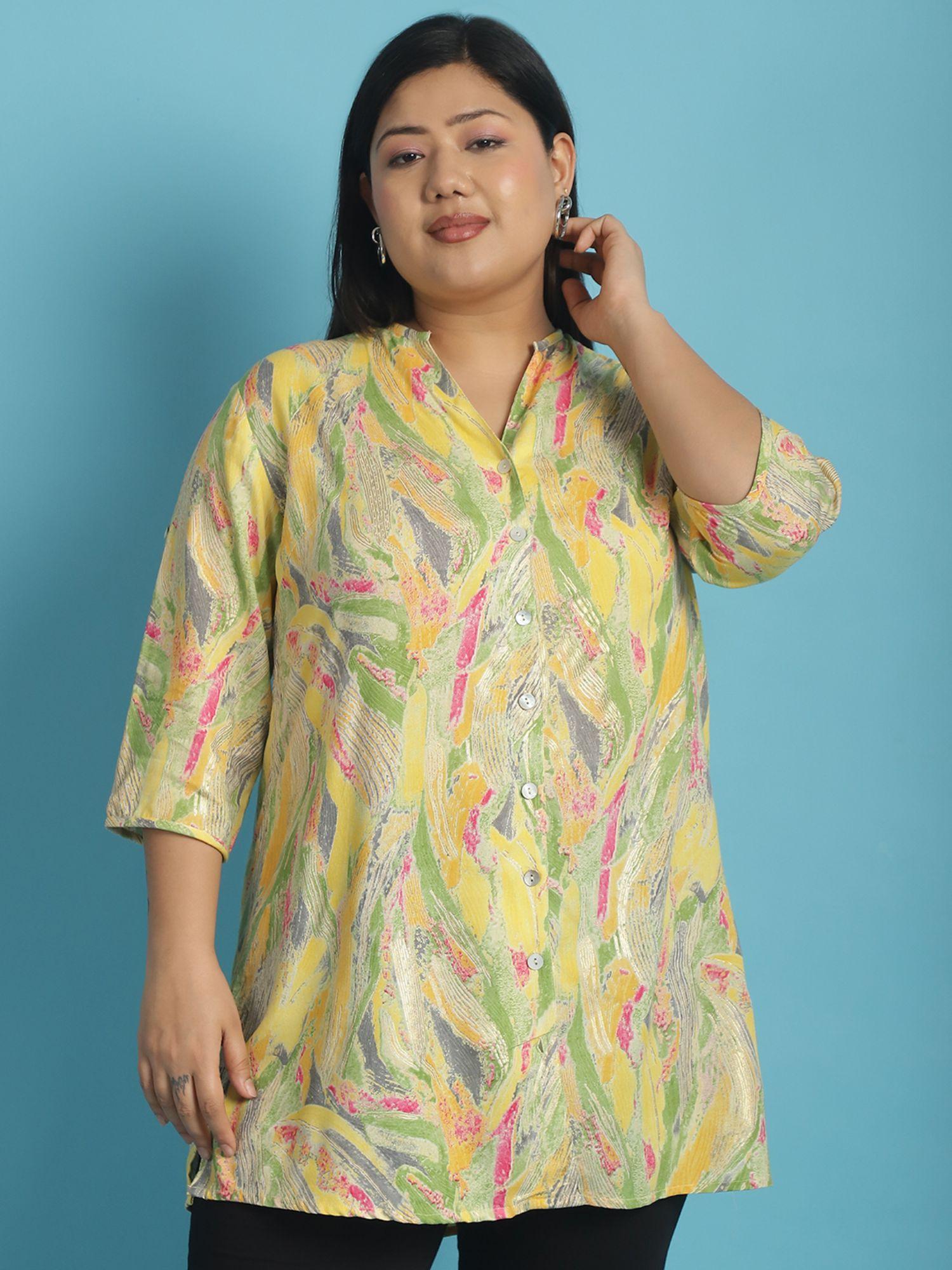 plus size womens yellow foil printed tunic