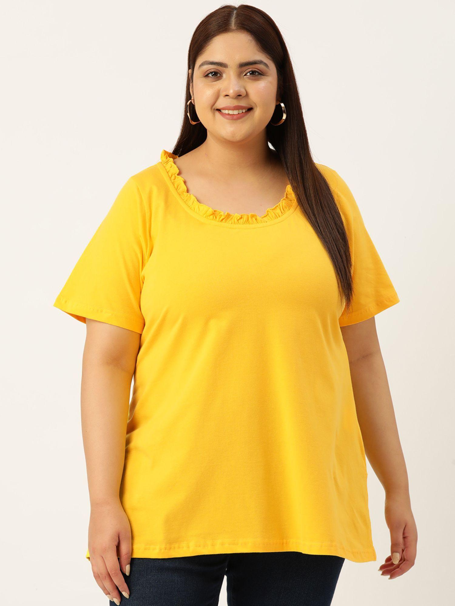 plus size womens yellow solid color frill detail cotton t-shirt