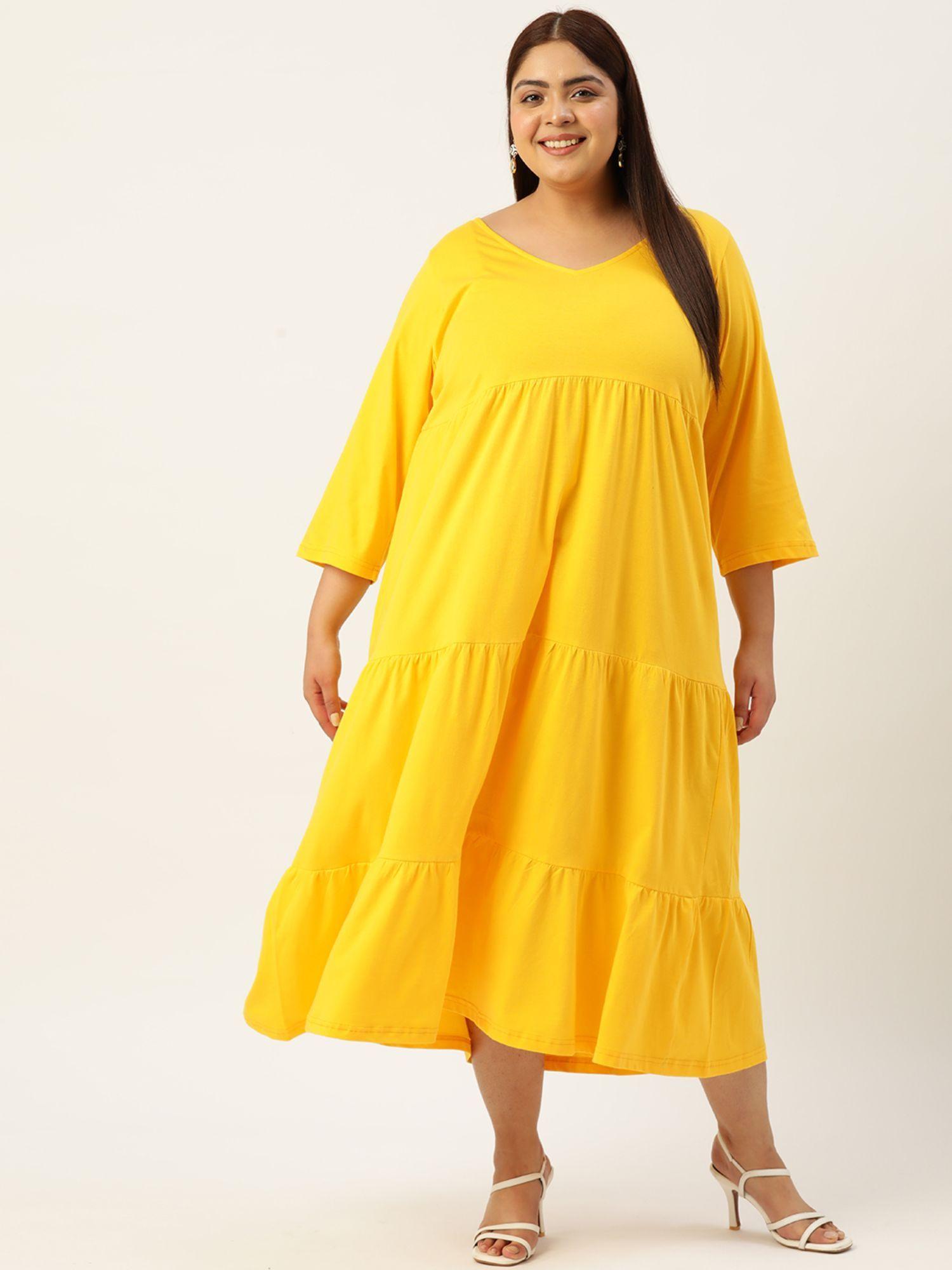 plus size womens yellow solid color tiered cotton a-line dress