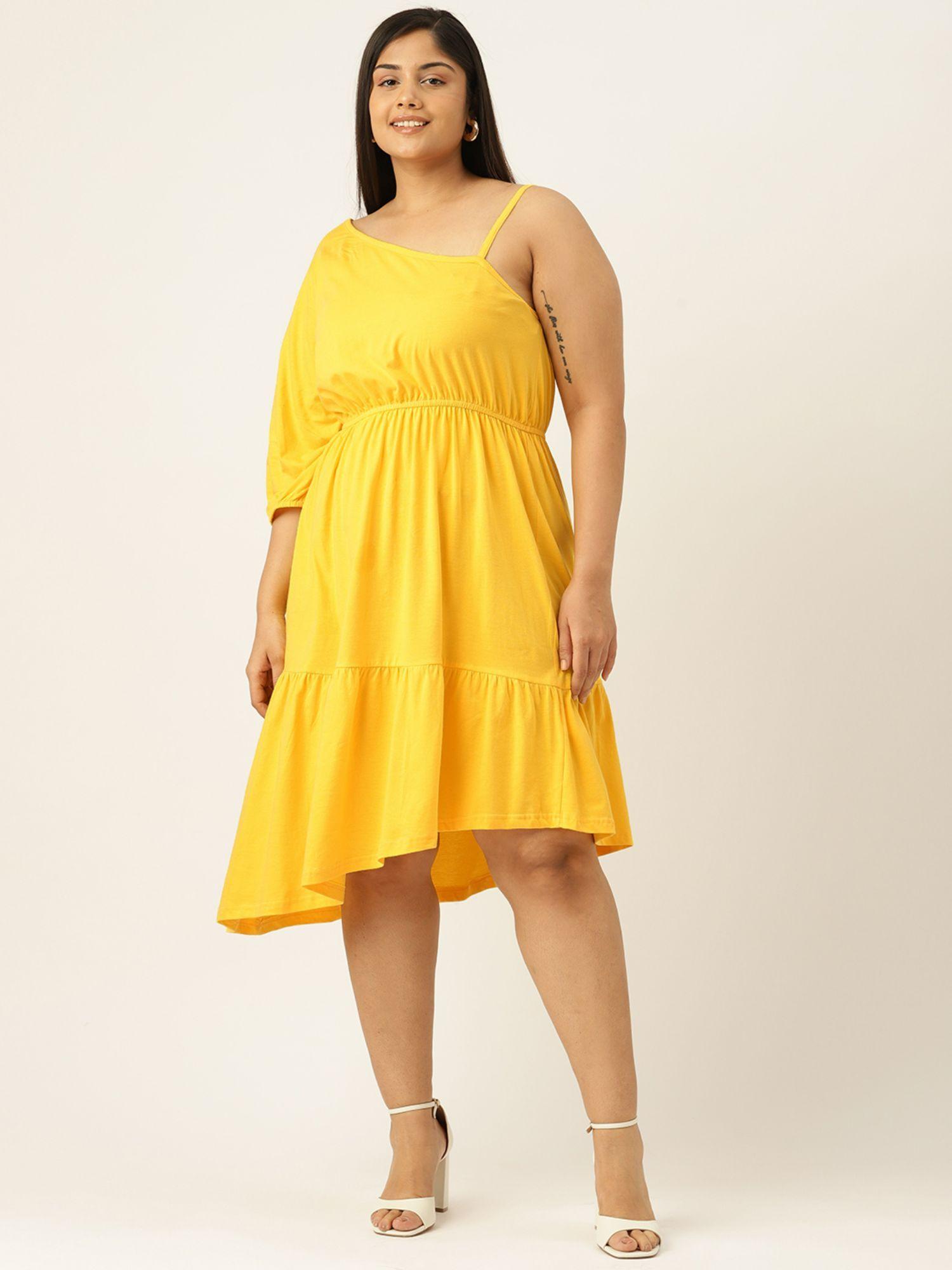 plus size womens yellow solid one shoulder knitted dress