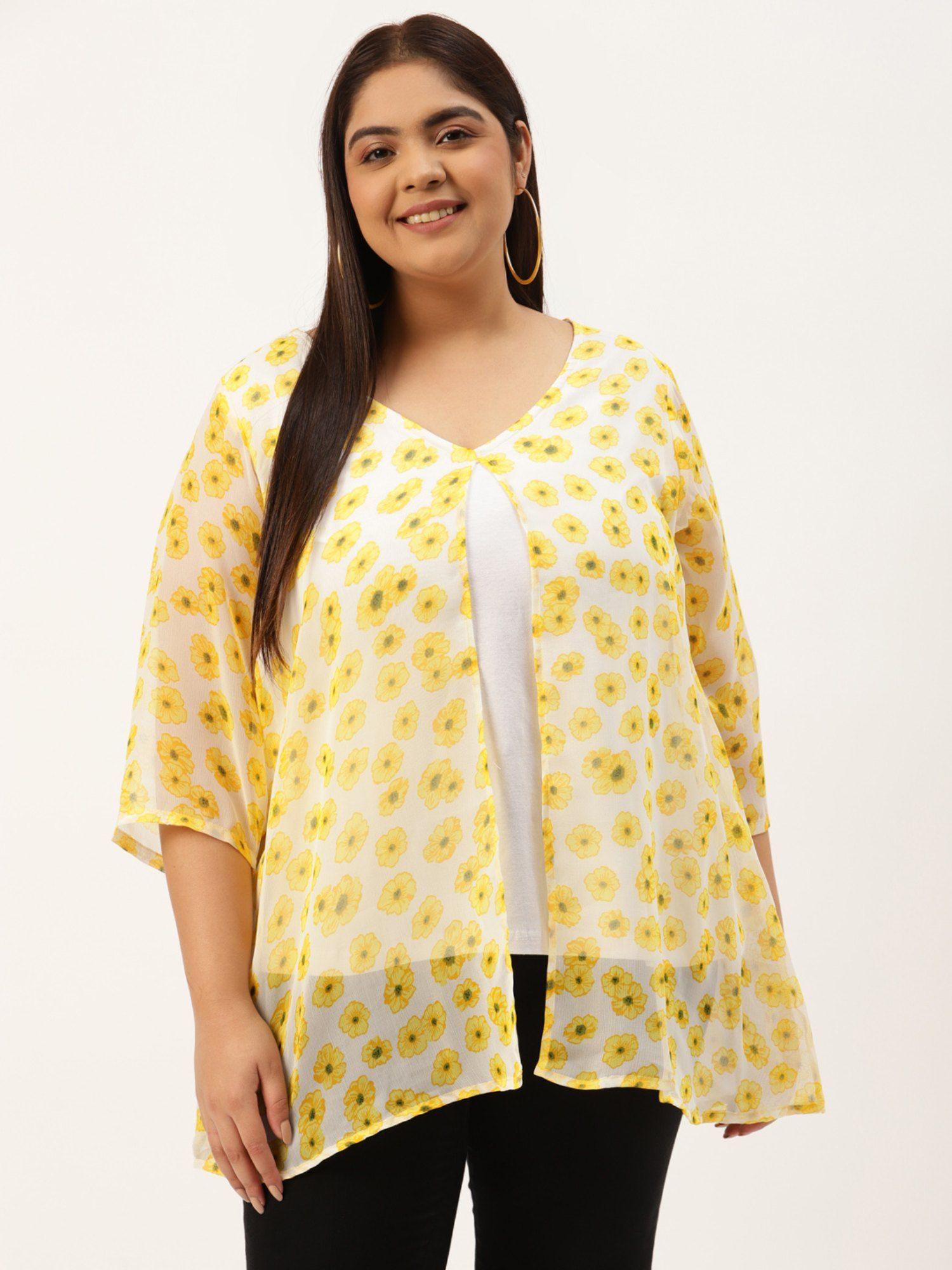 plus size yellow & off-white floral printed georgette layered longline top