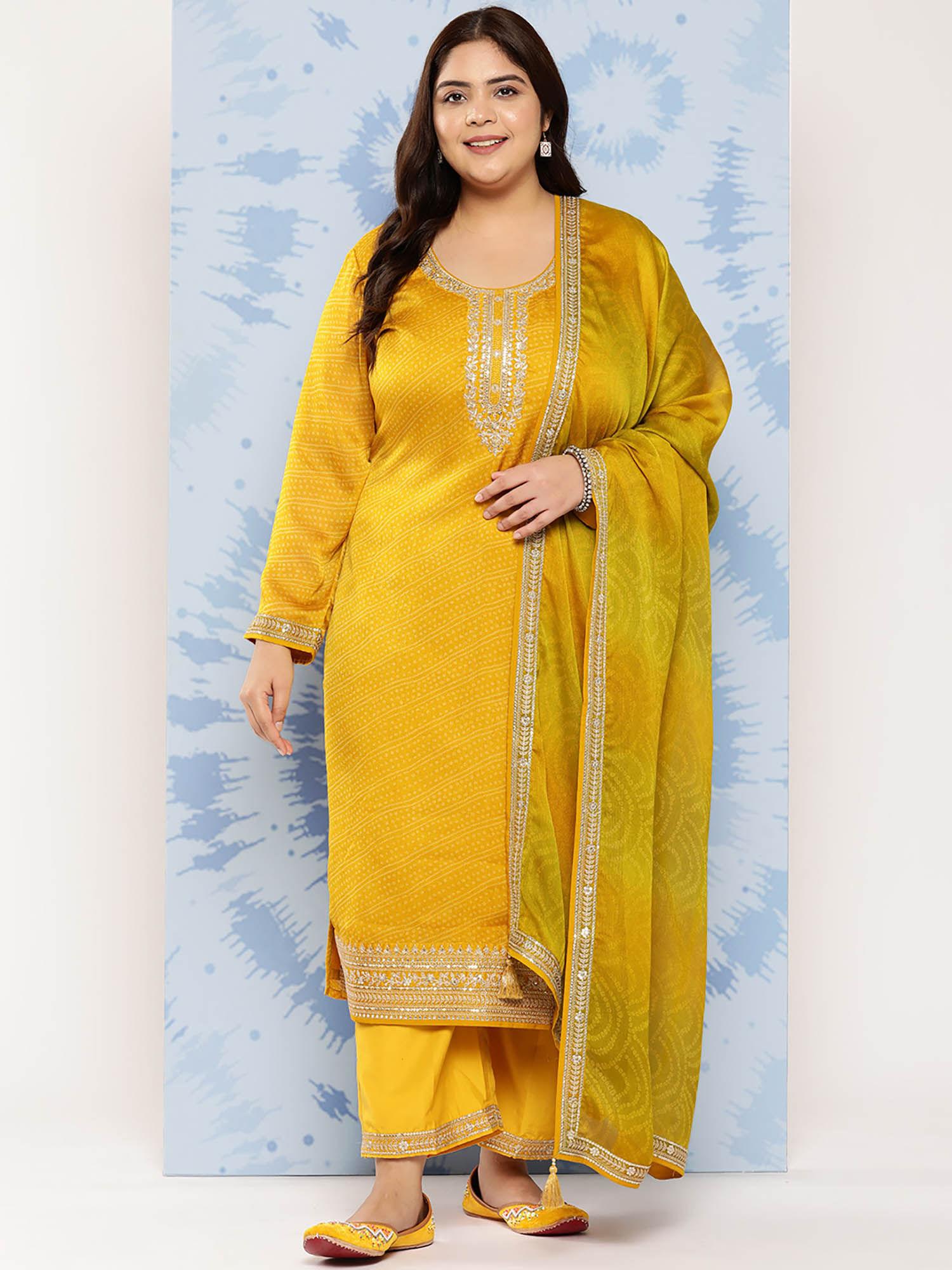 plus size yellow chiffon kurta & trouser with dupatta (set of 3)