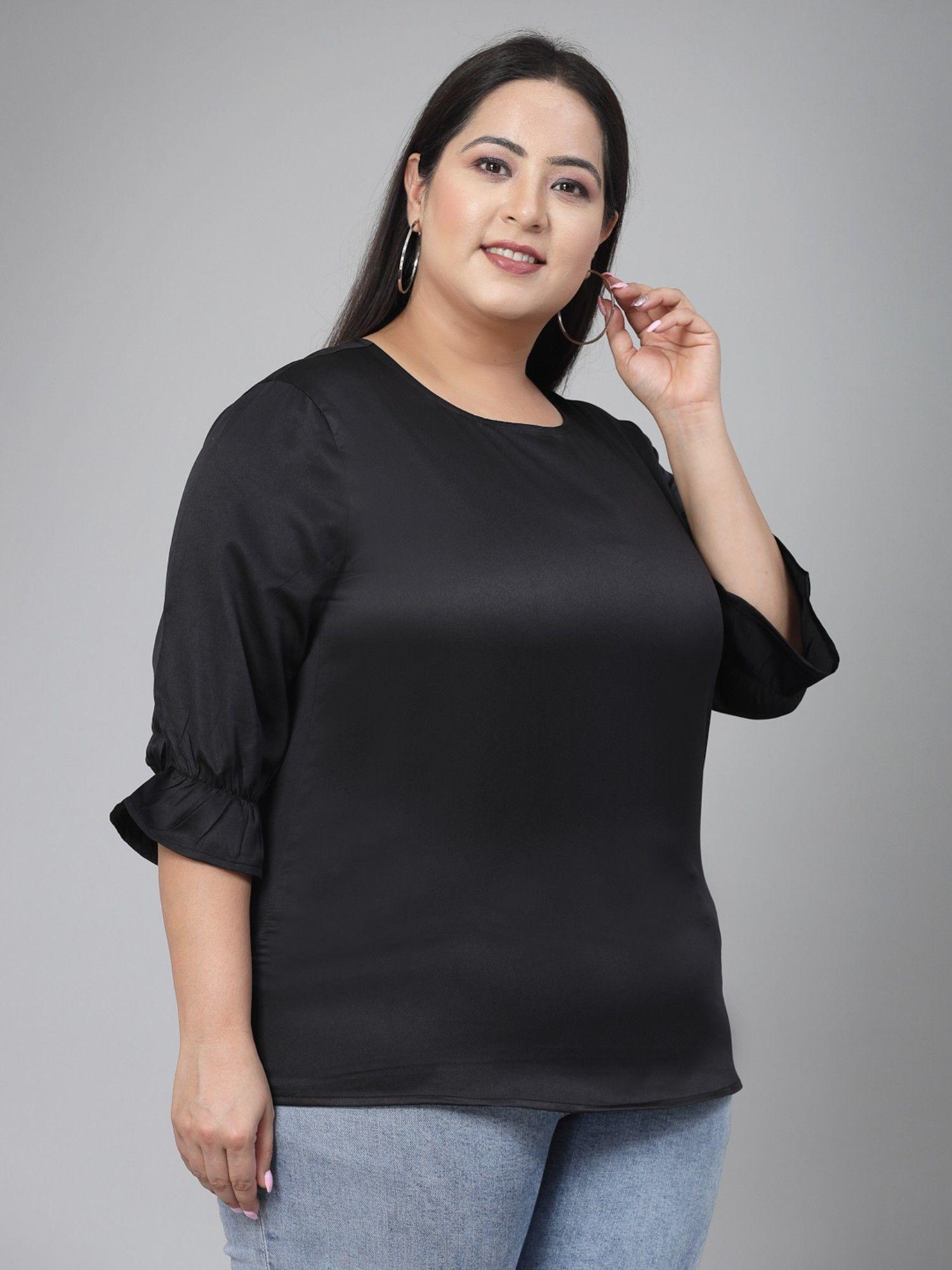 plus women solid black satin smart casual top