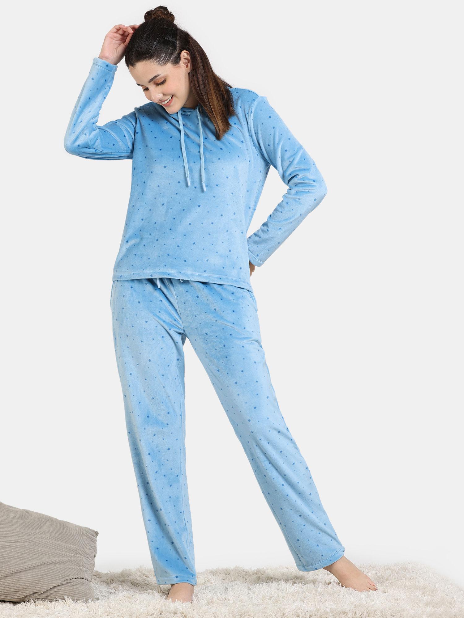 plush velour knit poly hoodie and pyjama - blue mist (set of 2)