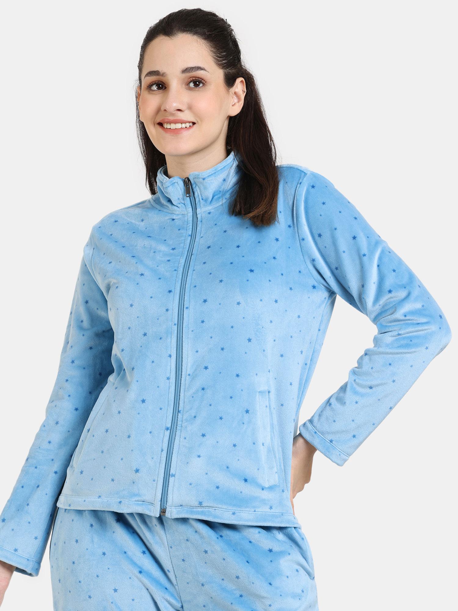 plush velour knit poly loungewear top - blue mist