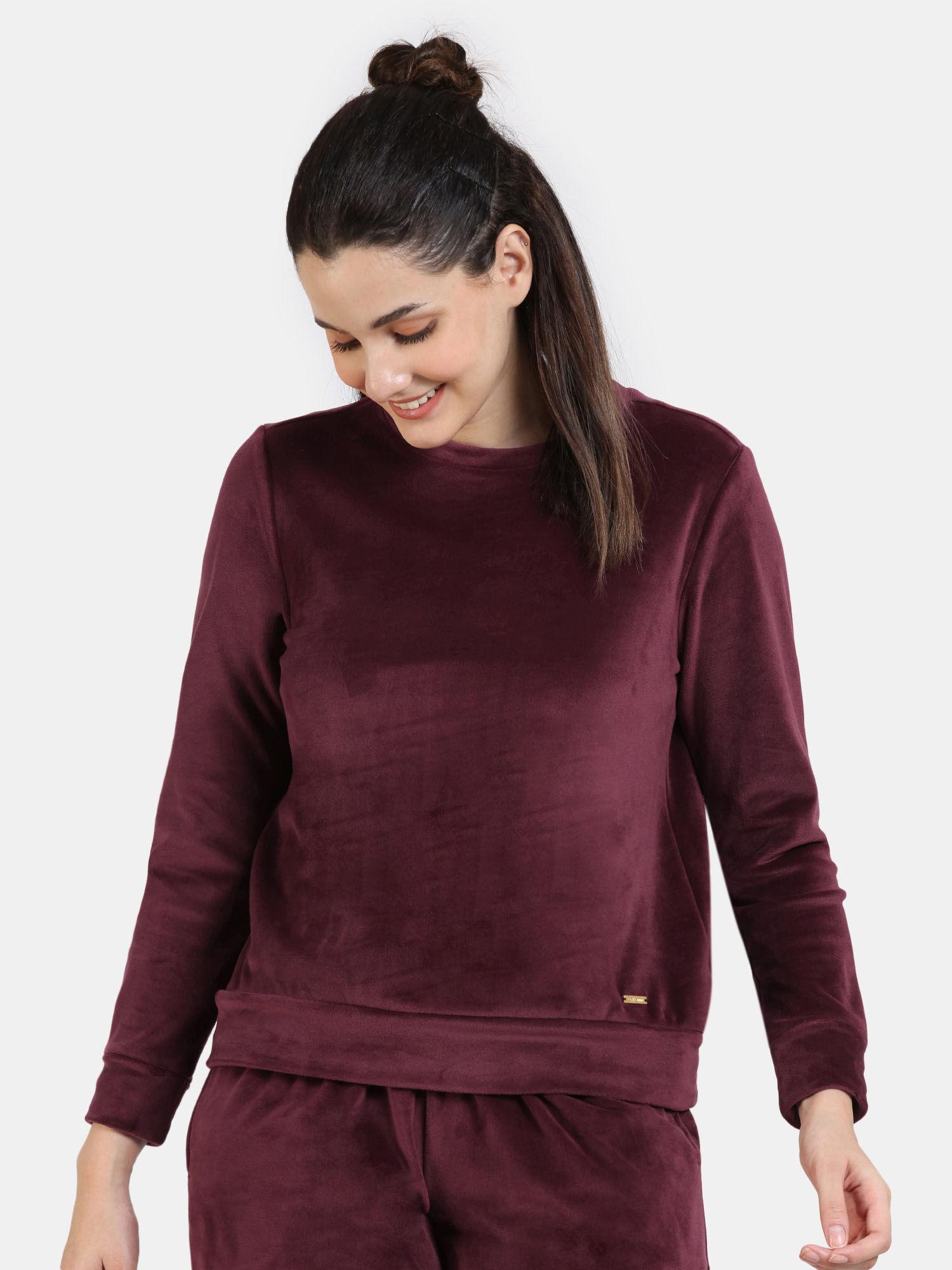 plush velour knit poly sweatshirt - chocolate truffle