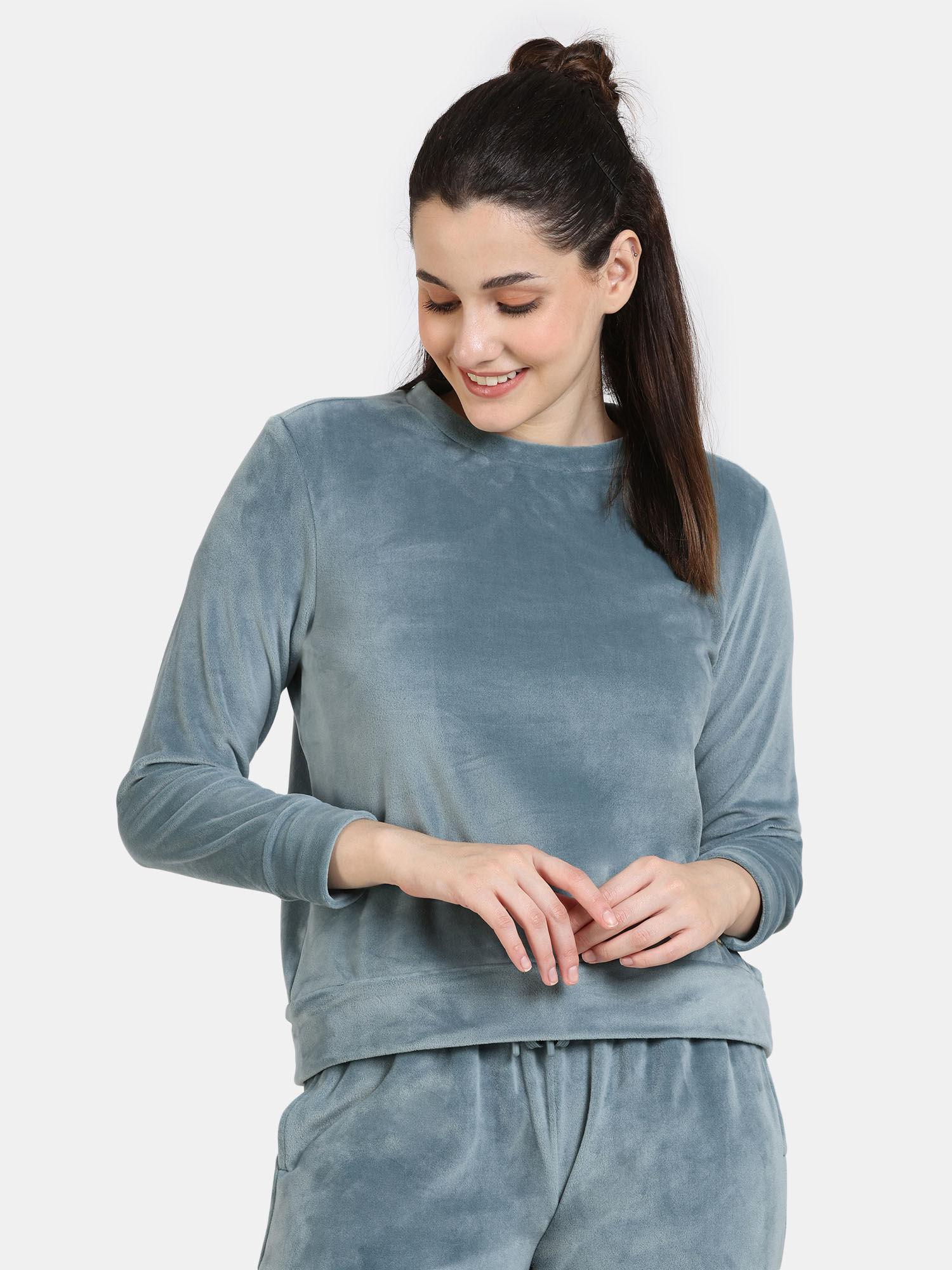 plush velour knit poly sweatshirt - mineral blue