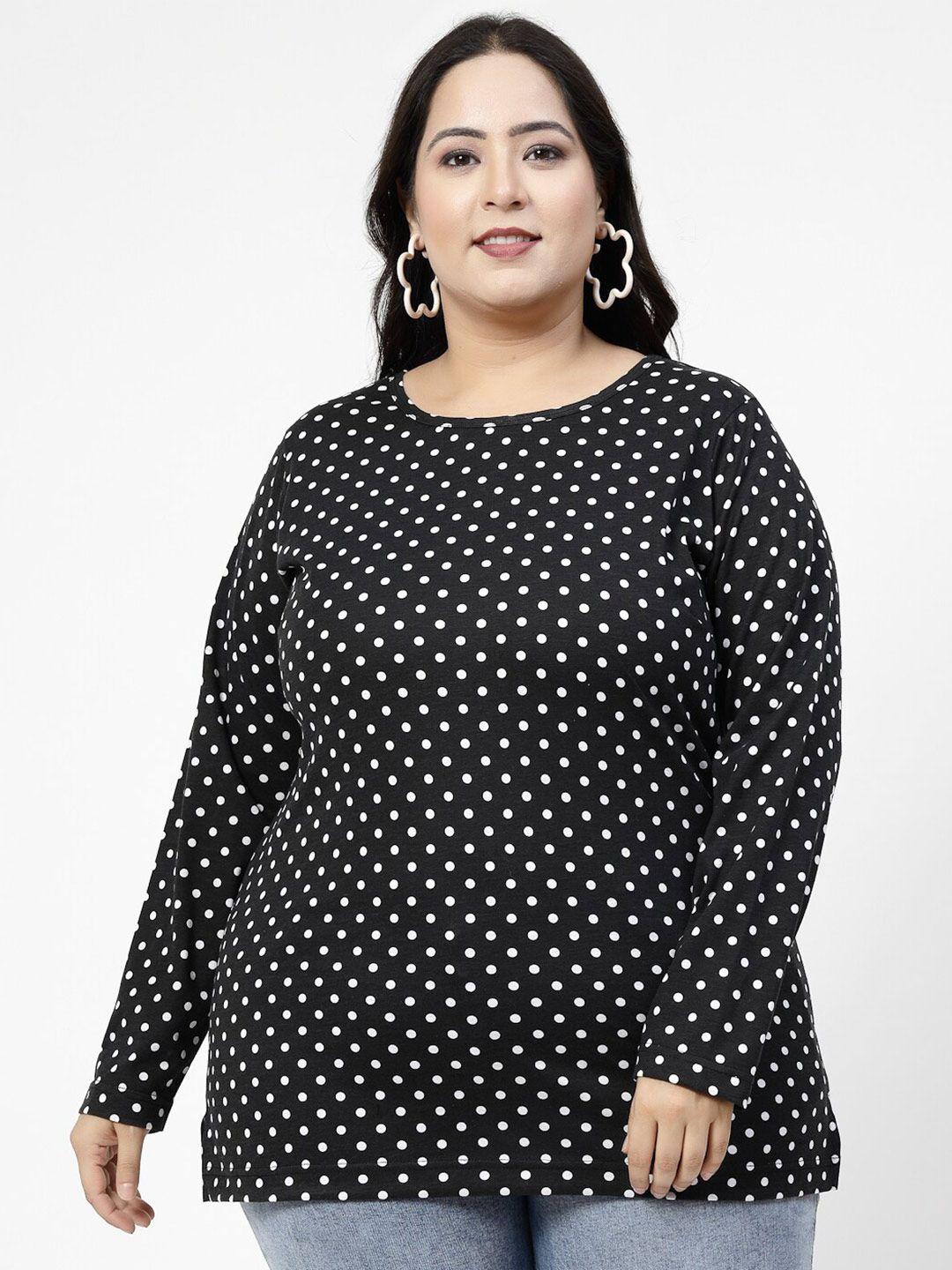 pluss black polka dots printed round neck monochrome cotton casual t-shirt
