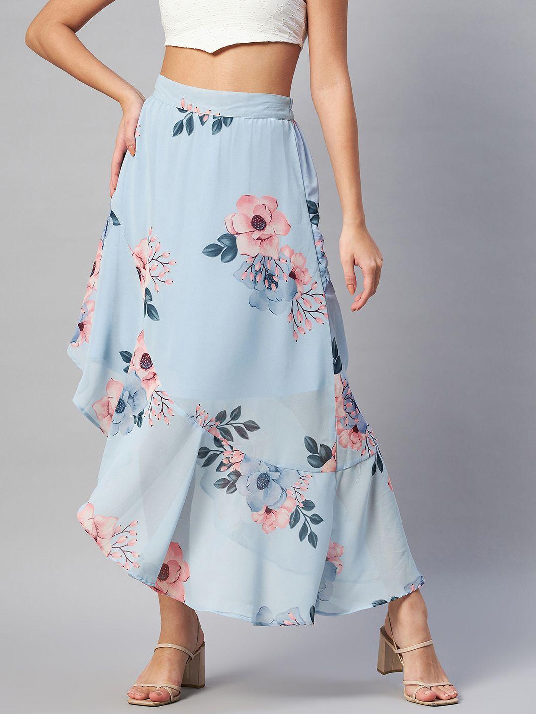 pluss blue & pink floral printed maxi flared skirt