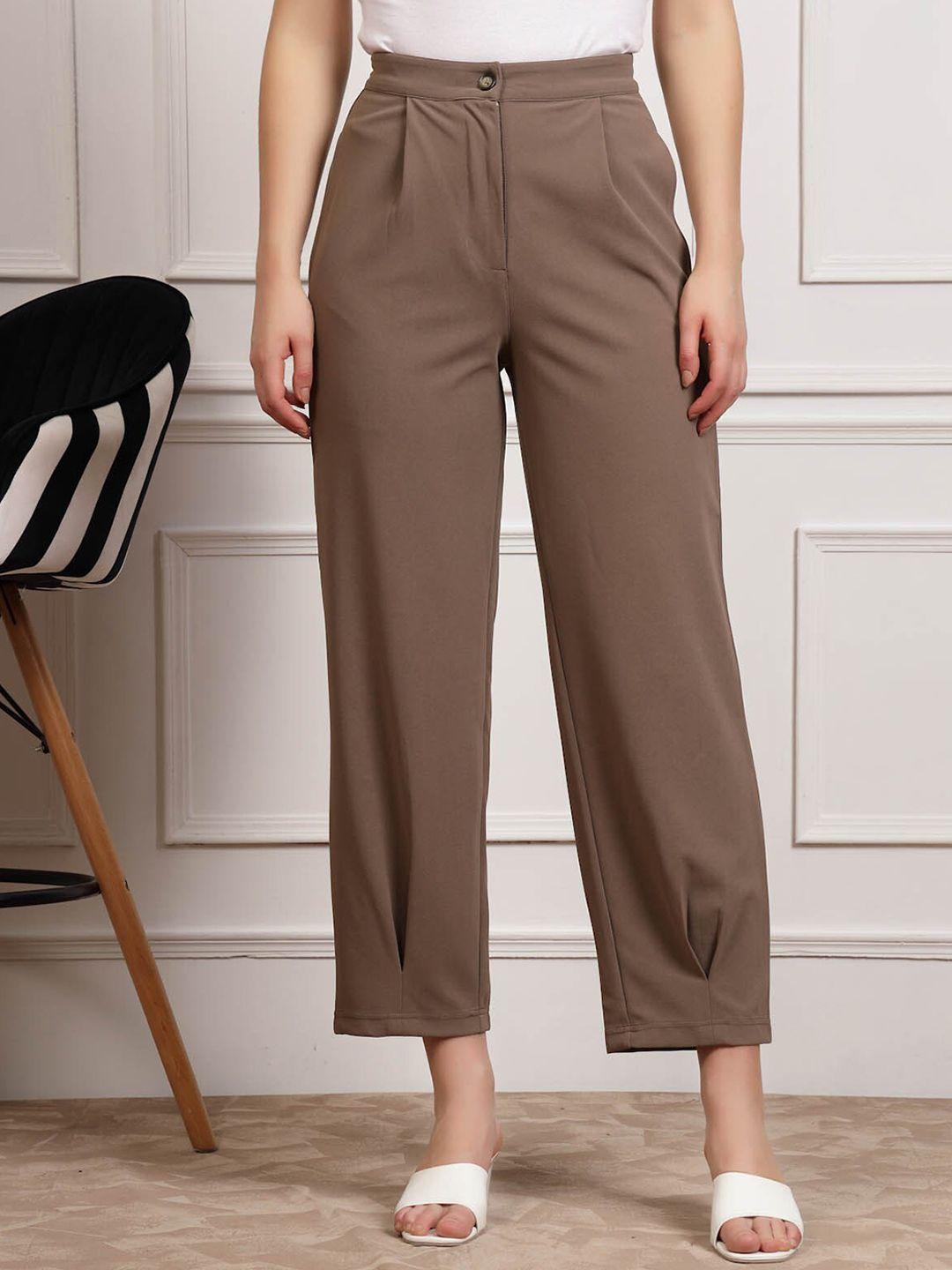 pluss brown women mid rise pleated trousers