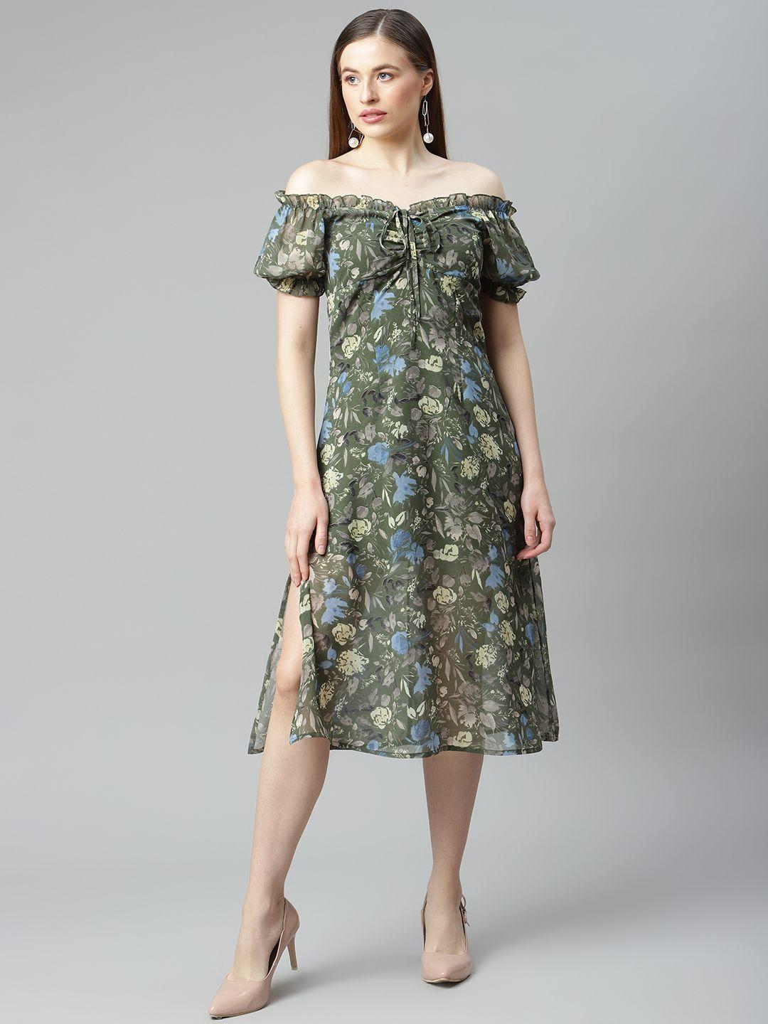 pluss green & grey floral print off-shoulder a-line dress