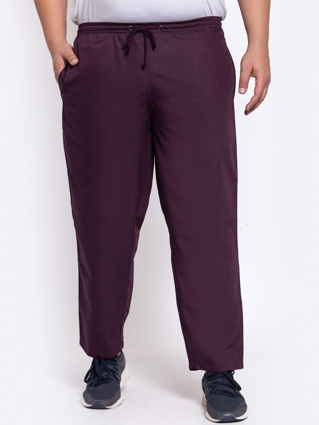 pluss men purple solid straight-fit cotton track pants