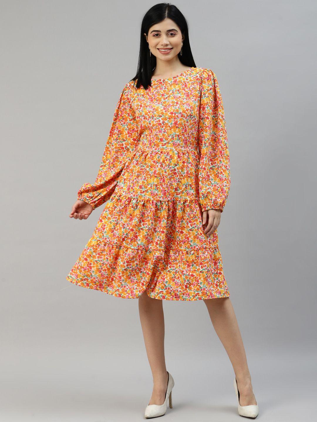 pluss off white & orange floral a-line dress