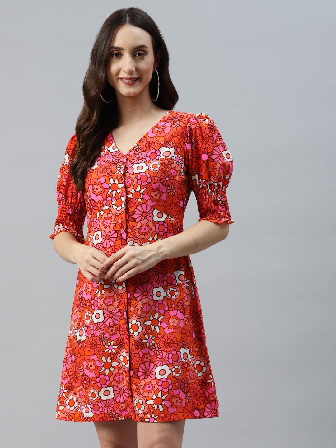 pluss orange & pink floral print a-line mini dress