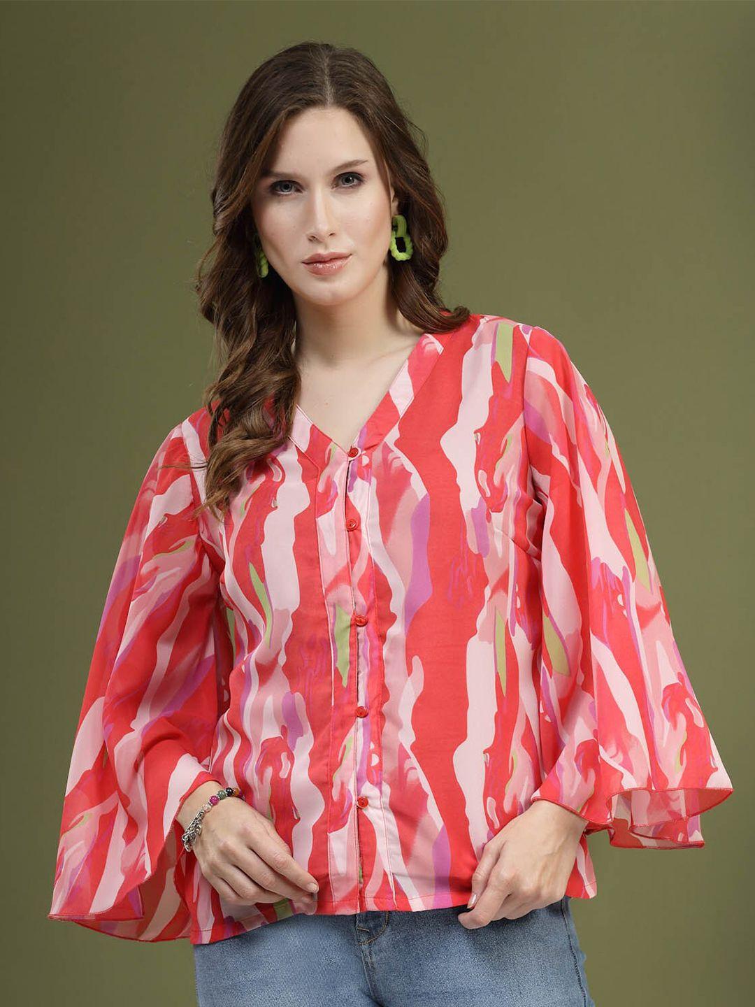 pluss pink printed v-neck flared sleeves top