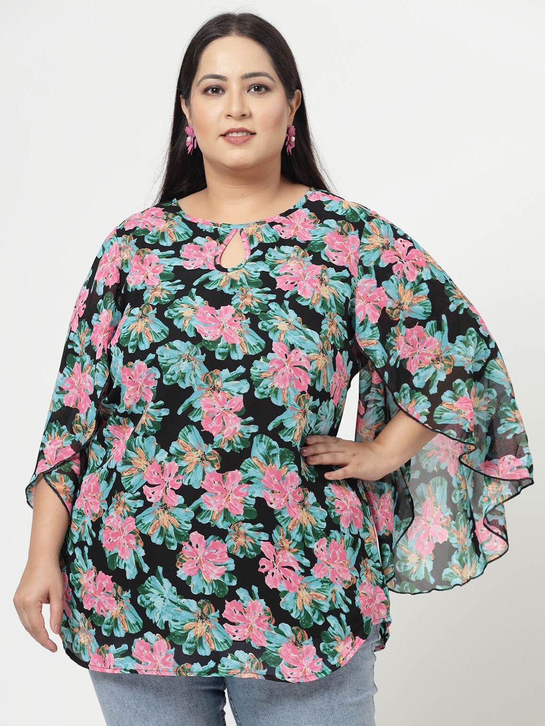 pluss plus size floral printed keyhole neck flared sleeves top