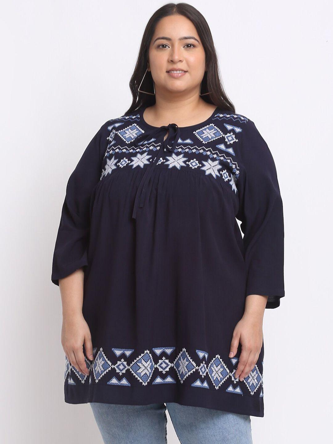 pluss plus size geometric embroidered keyhole neck top