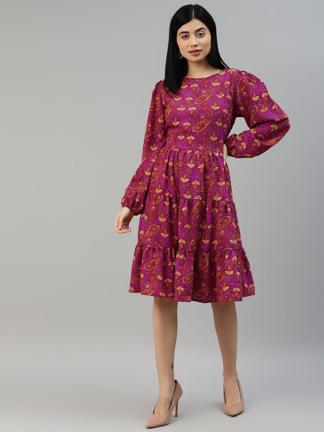 pluss purple & yellow ethnic motifs a-line dress
