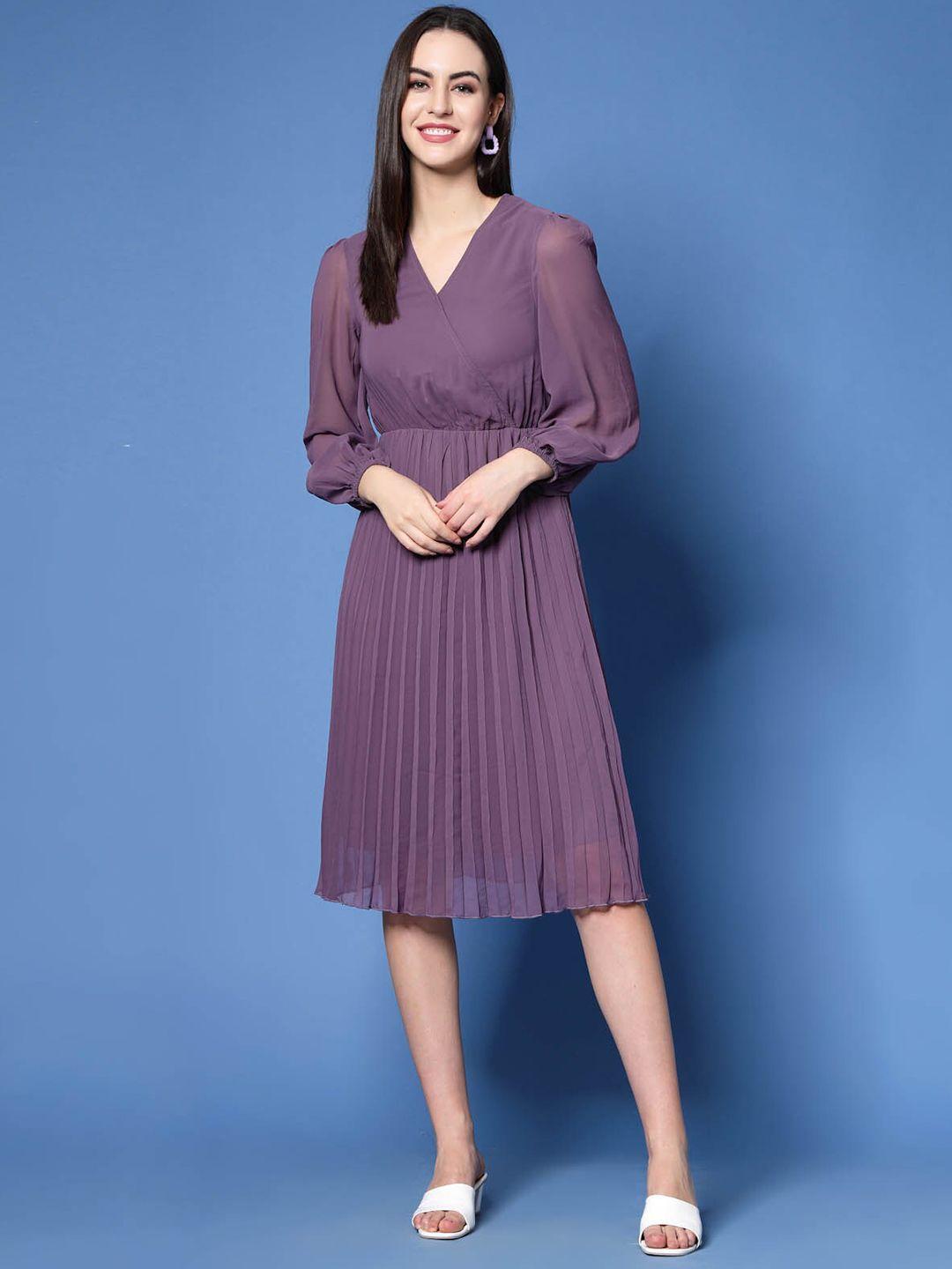 pluss purple v-neck puff sleeves accordion pleated fit & flare dress