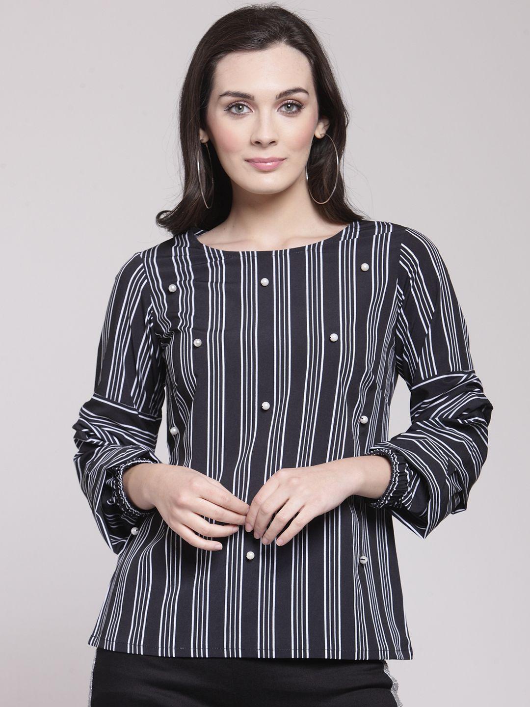 pluss women black & off-white striped top