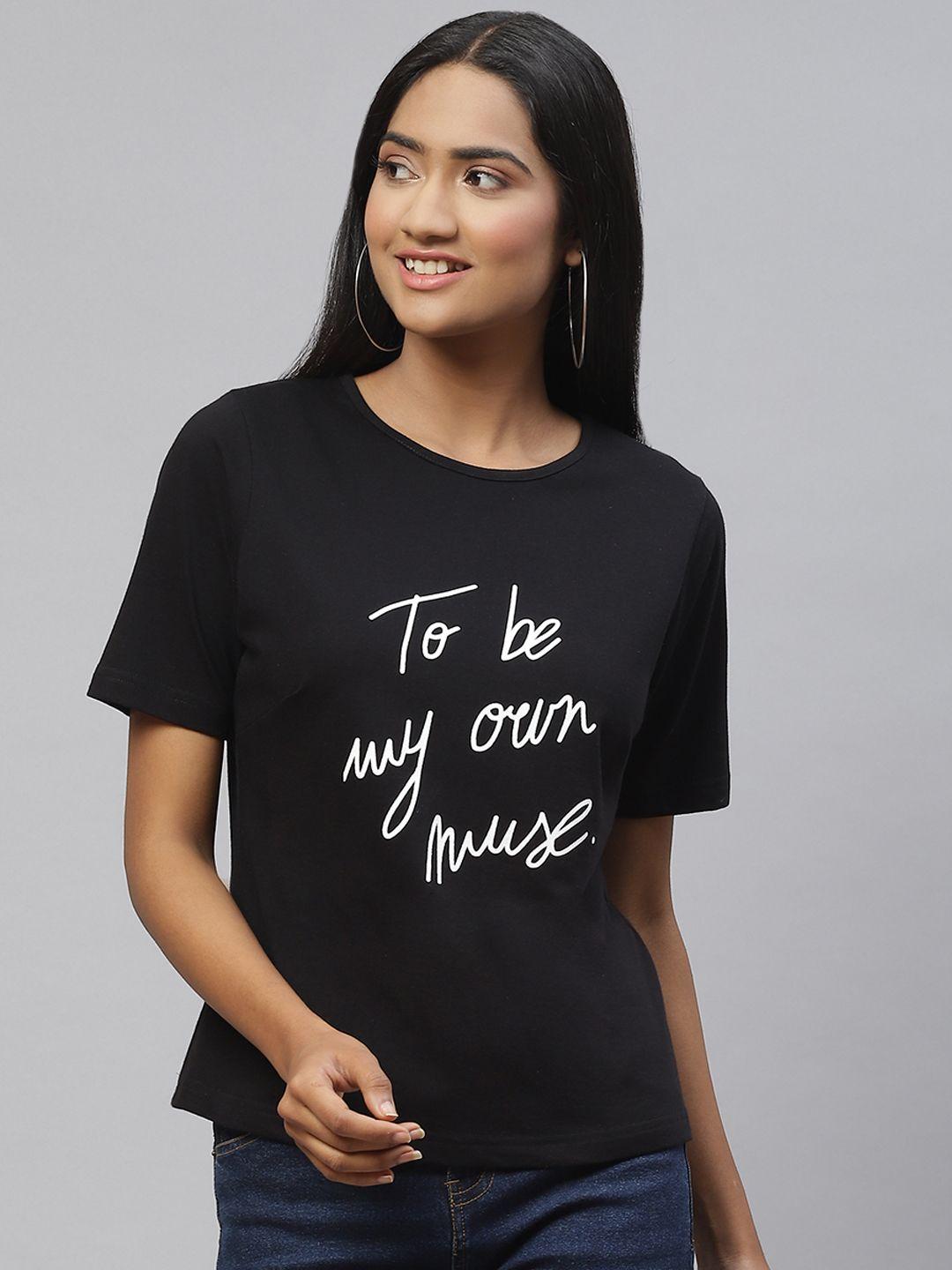 pluss women black & white typography print monochrome cotton t-shirt