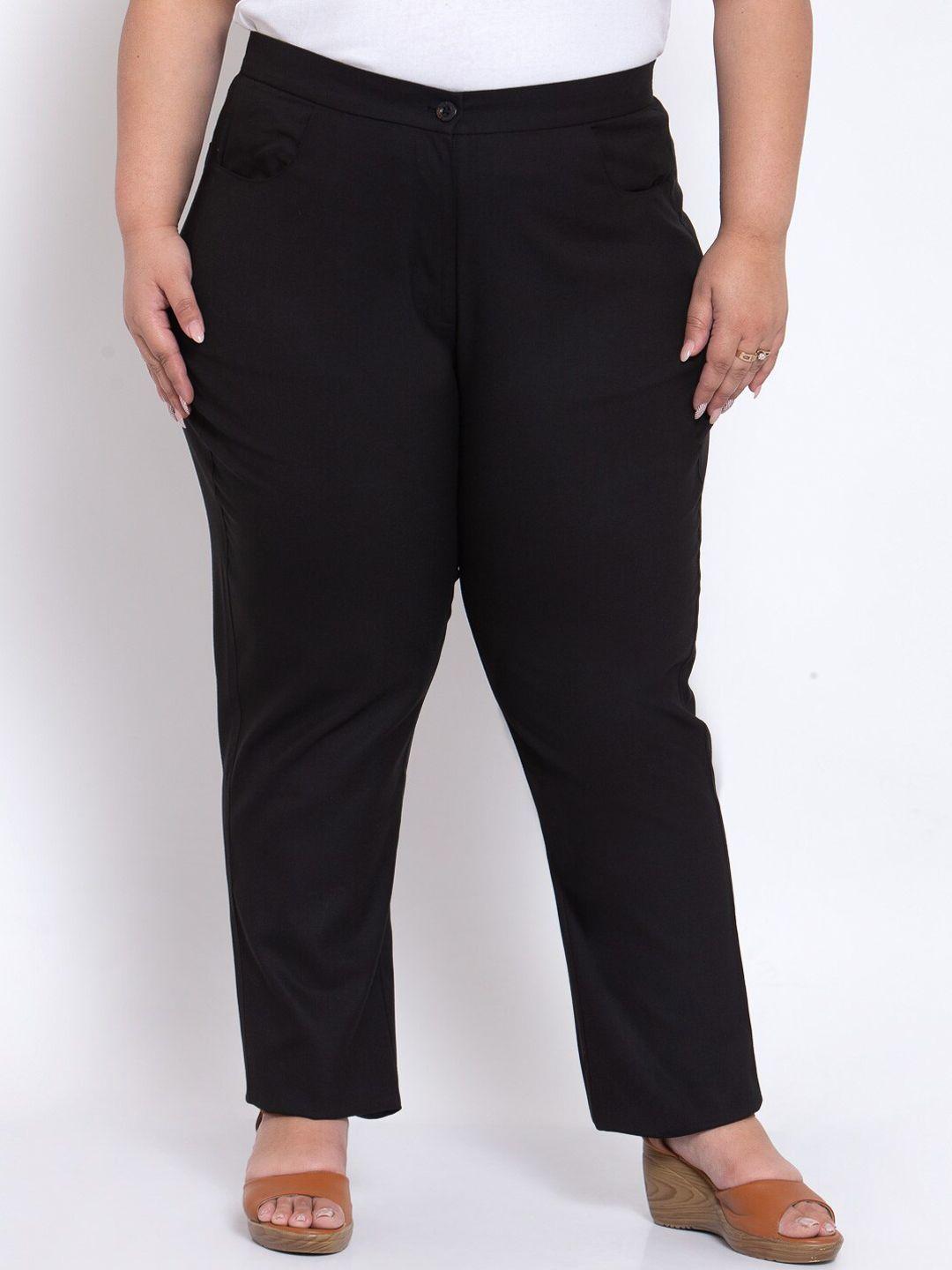 pluss women black regular fit solid cotton formal trousers