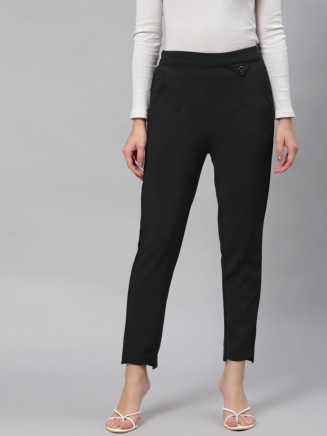 pluss women black solid mid-rise regular fit trousers