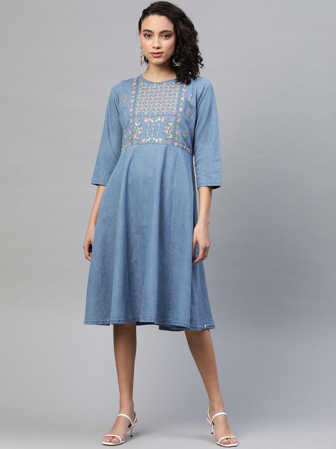pluss women blue & green embroidered pure cotton chambray a-line dress with mirror work
