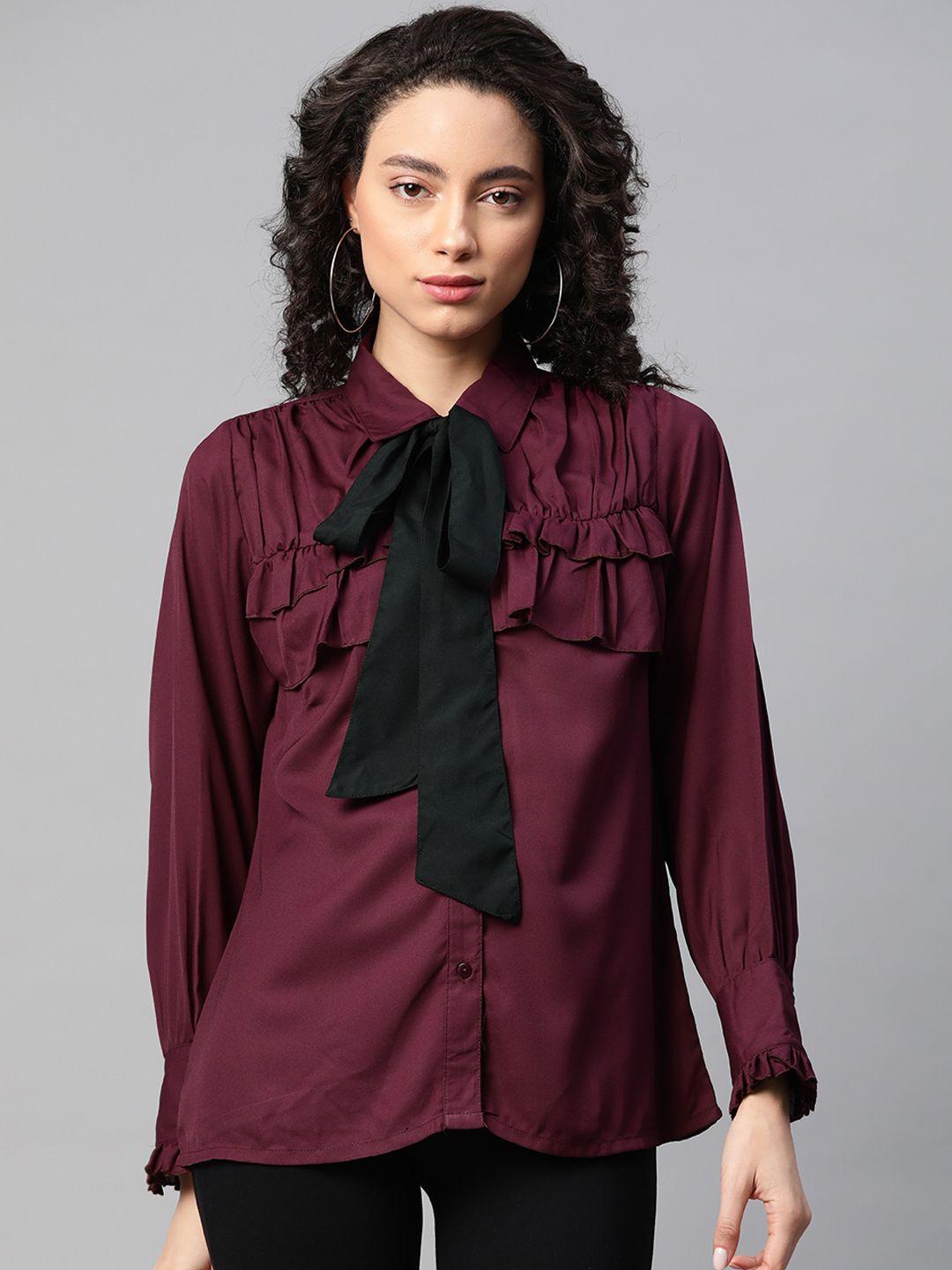 pluss women burgundy regular fit solid casual shirt