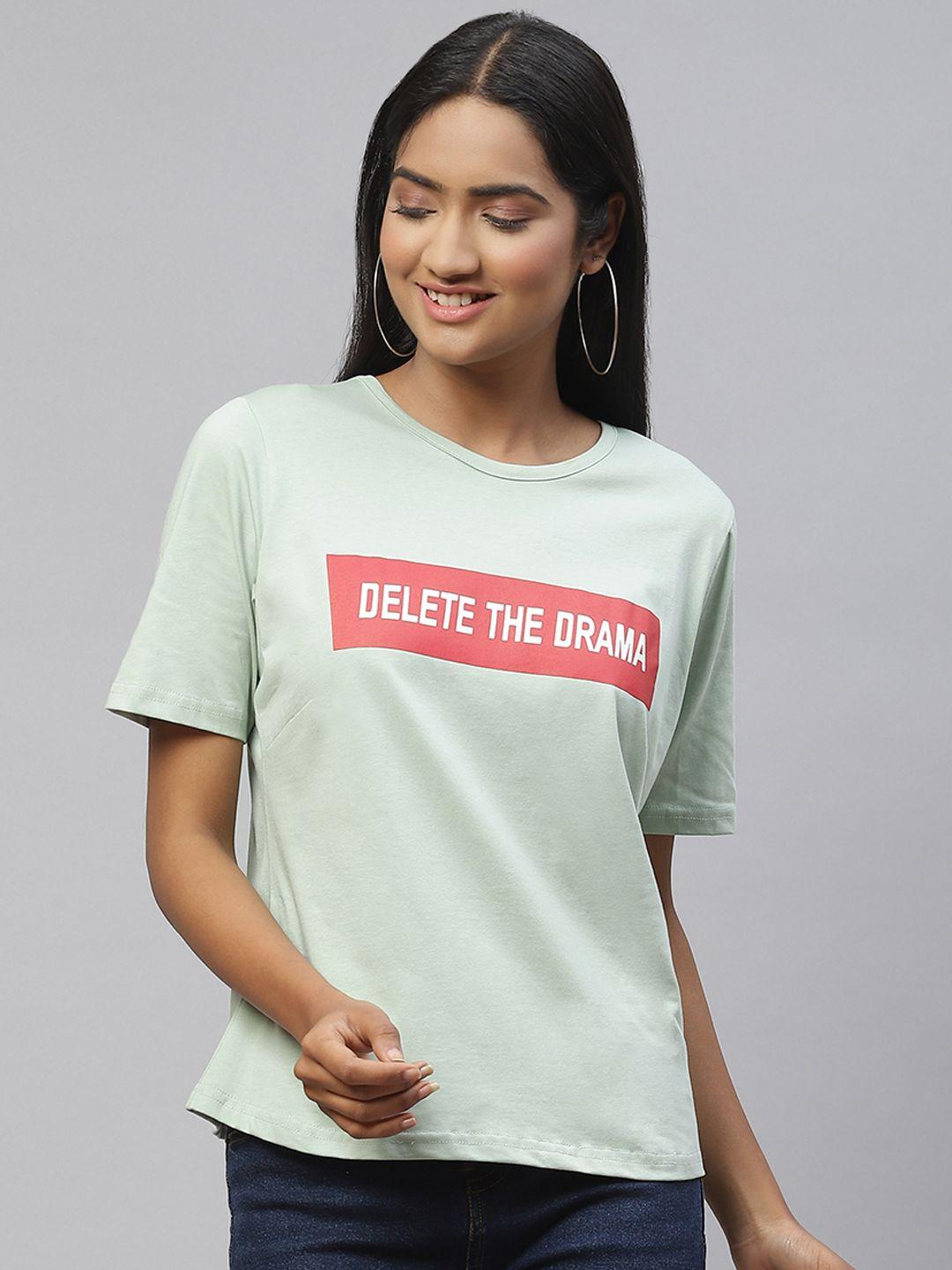pluss women green & pink typography print cotton t-shirt