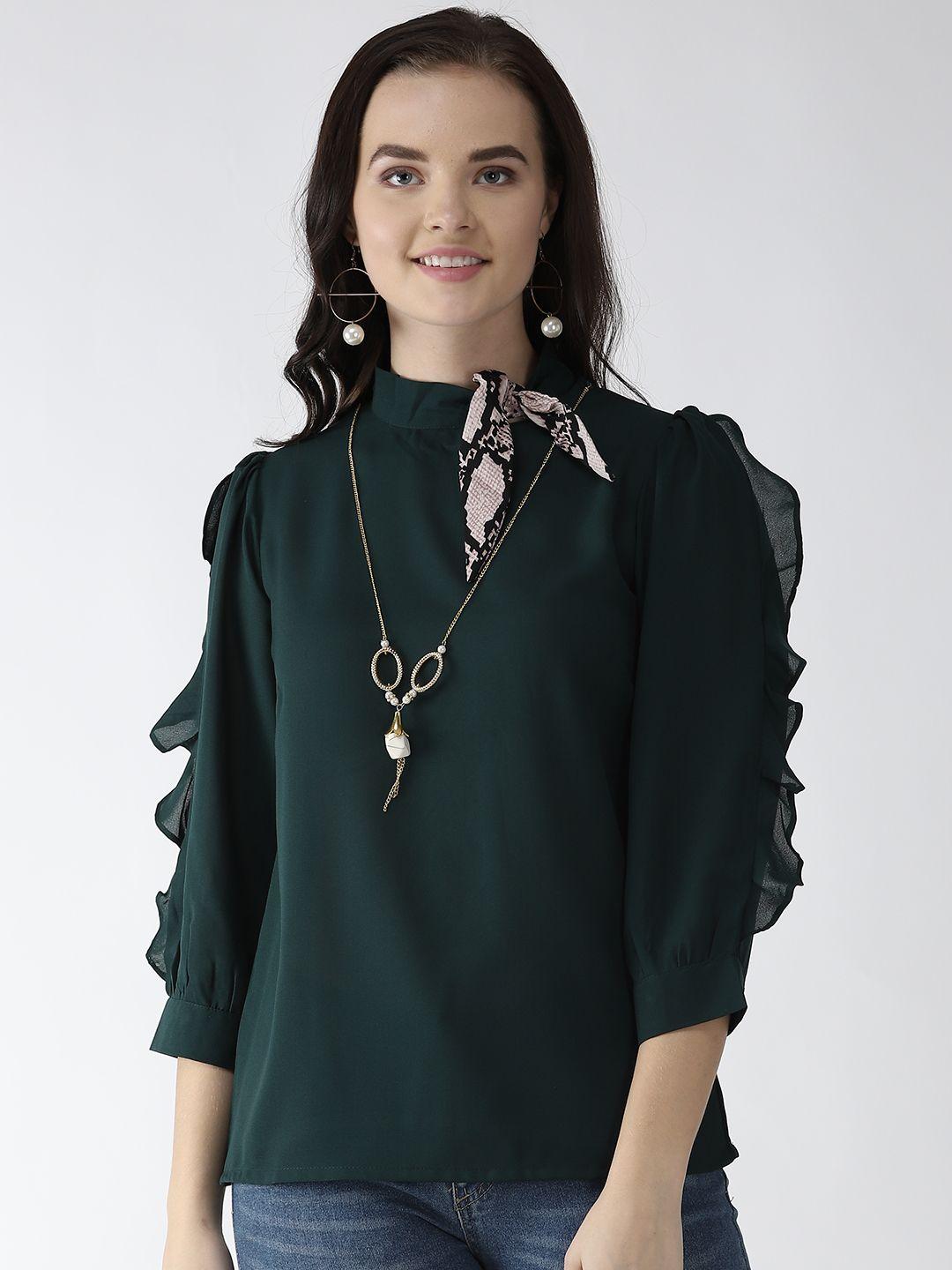 pluss women green frill detail solid top with mini scarf